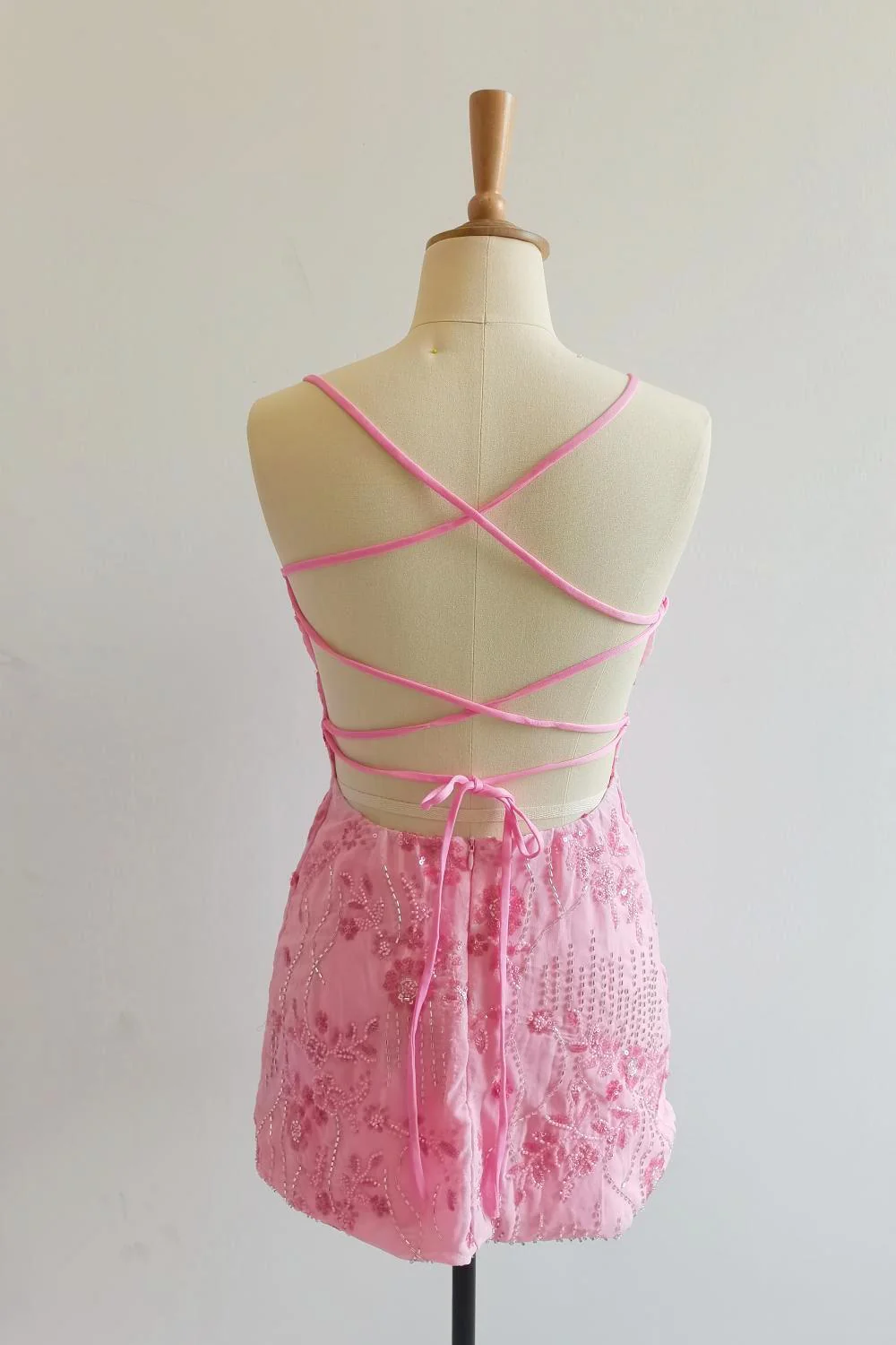 Spaghetti Straps Beaded Pink Mini Dress