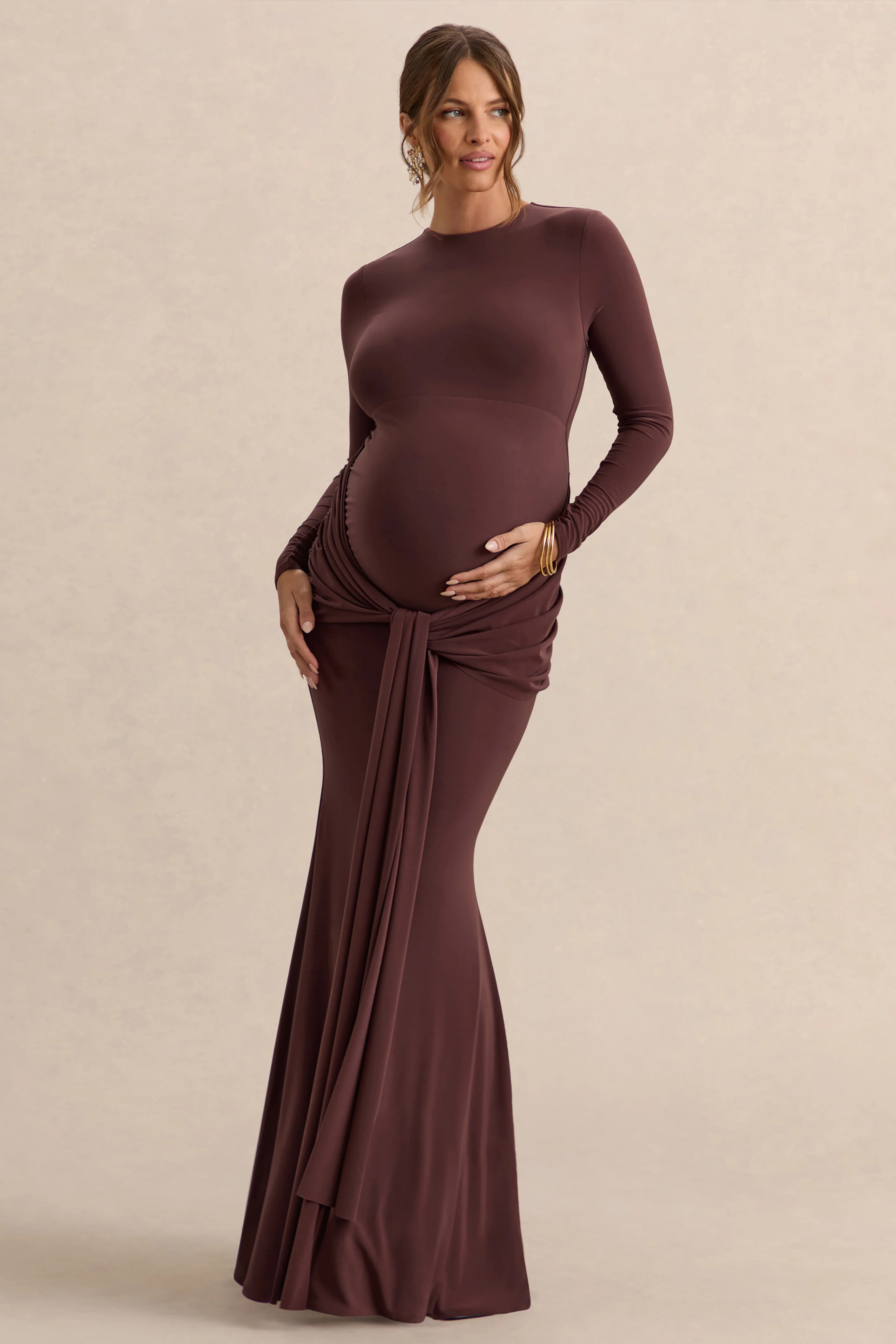 Aveny | Brown Crew-Neck Maternity Maxi Dress With Ruched-Detailing And Sash