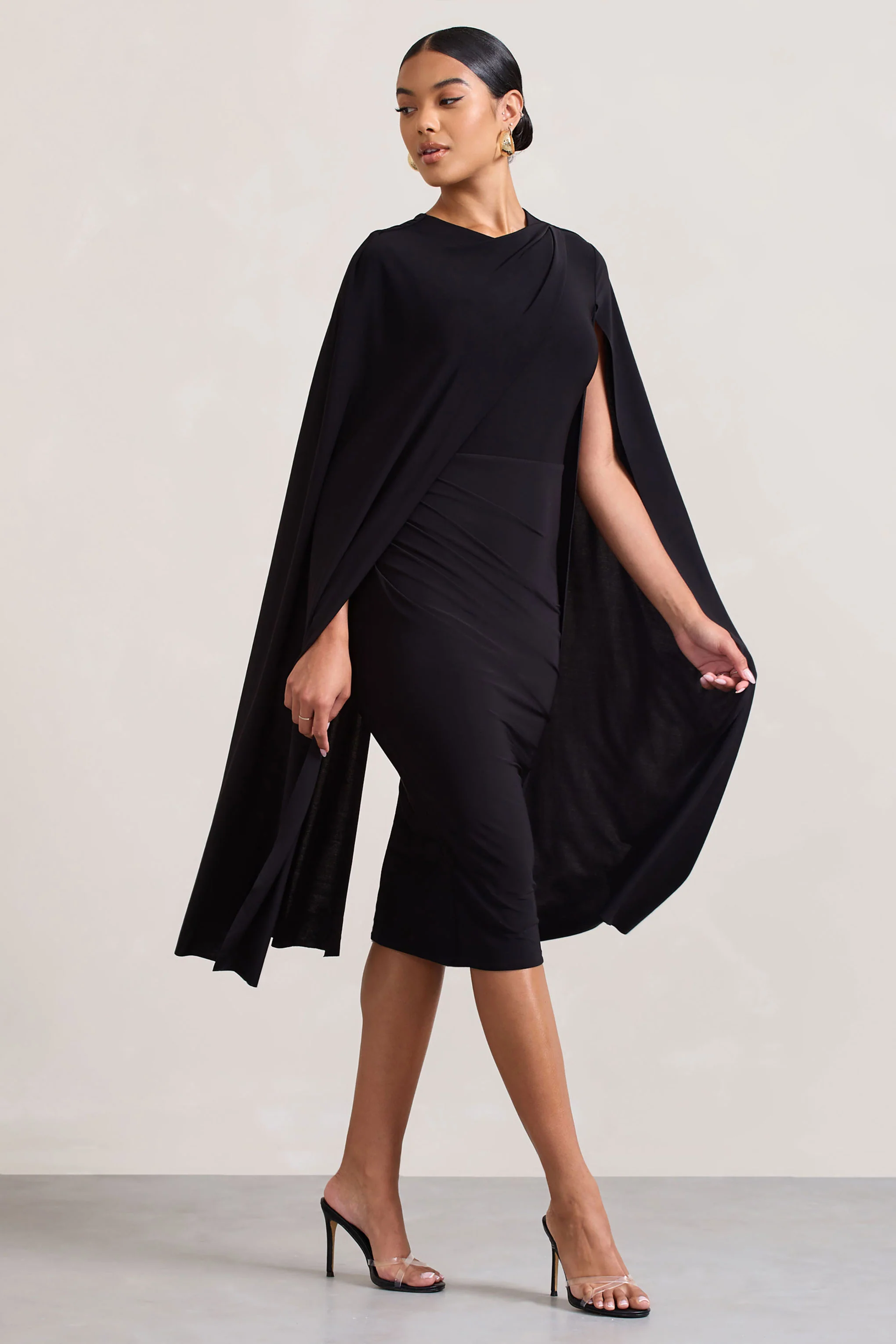Marysol | Black Asymmetric Cape Midi Dress