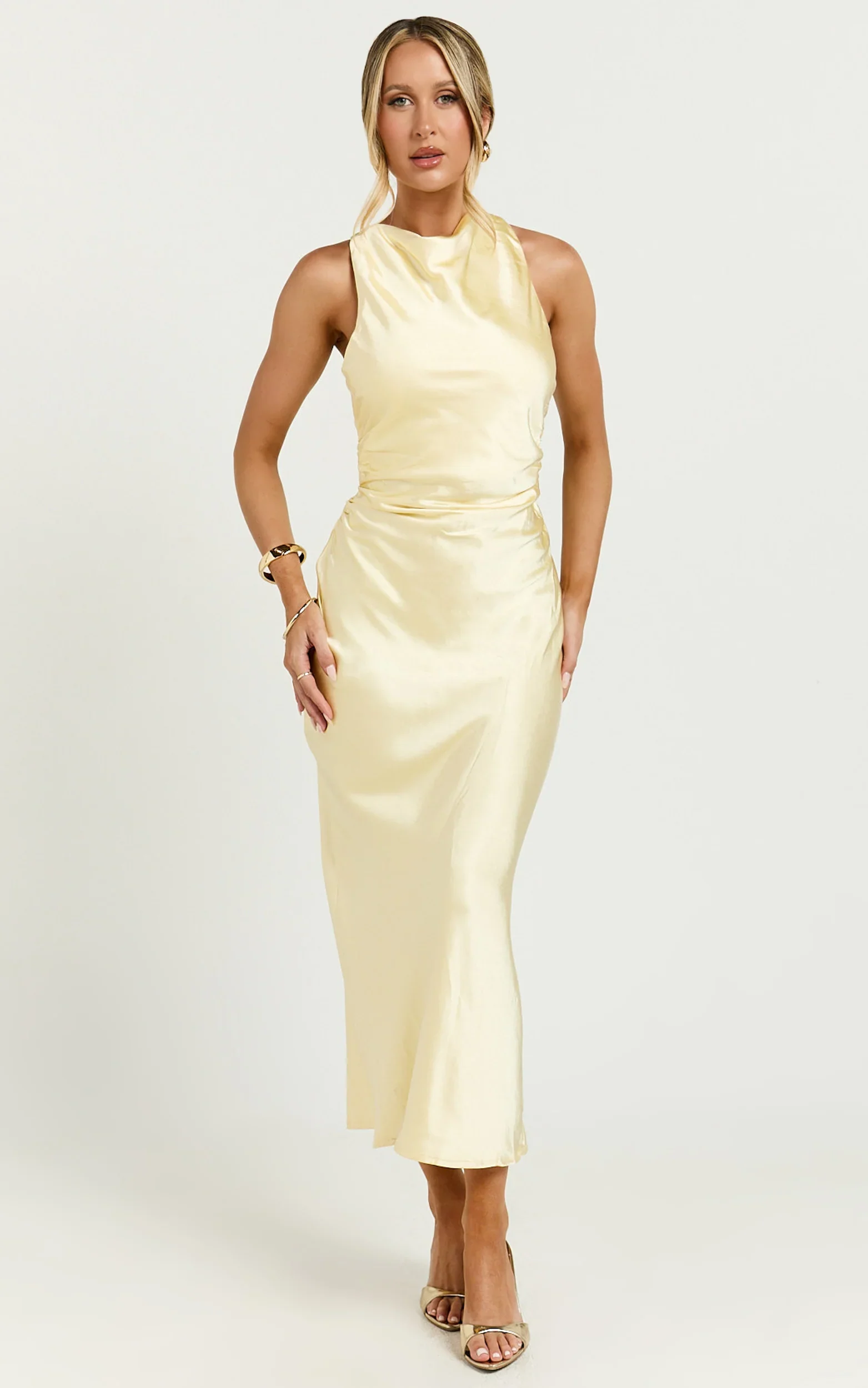 Aluna Midi Dress - High Neck Cross Back Satin Slip Dress in Lemon