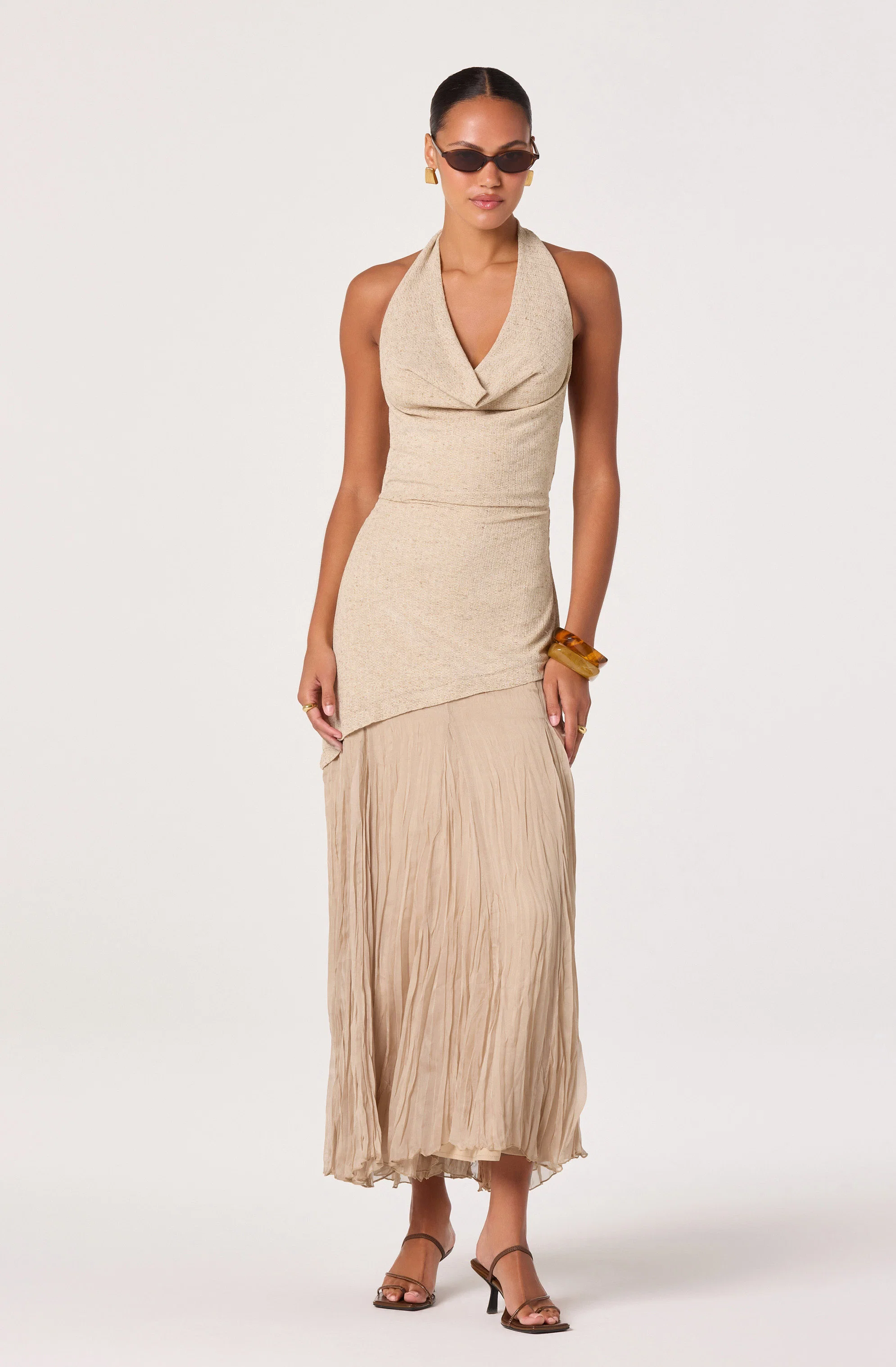 Inez Mixed Media Halter Maxi Dress