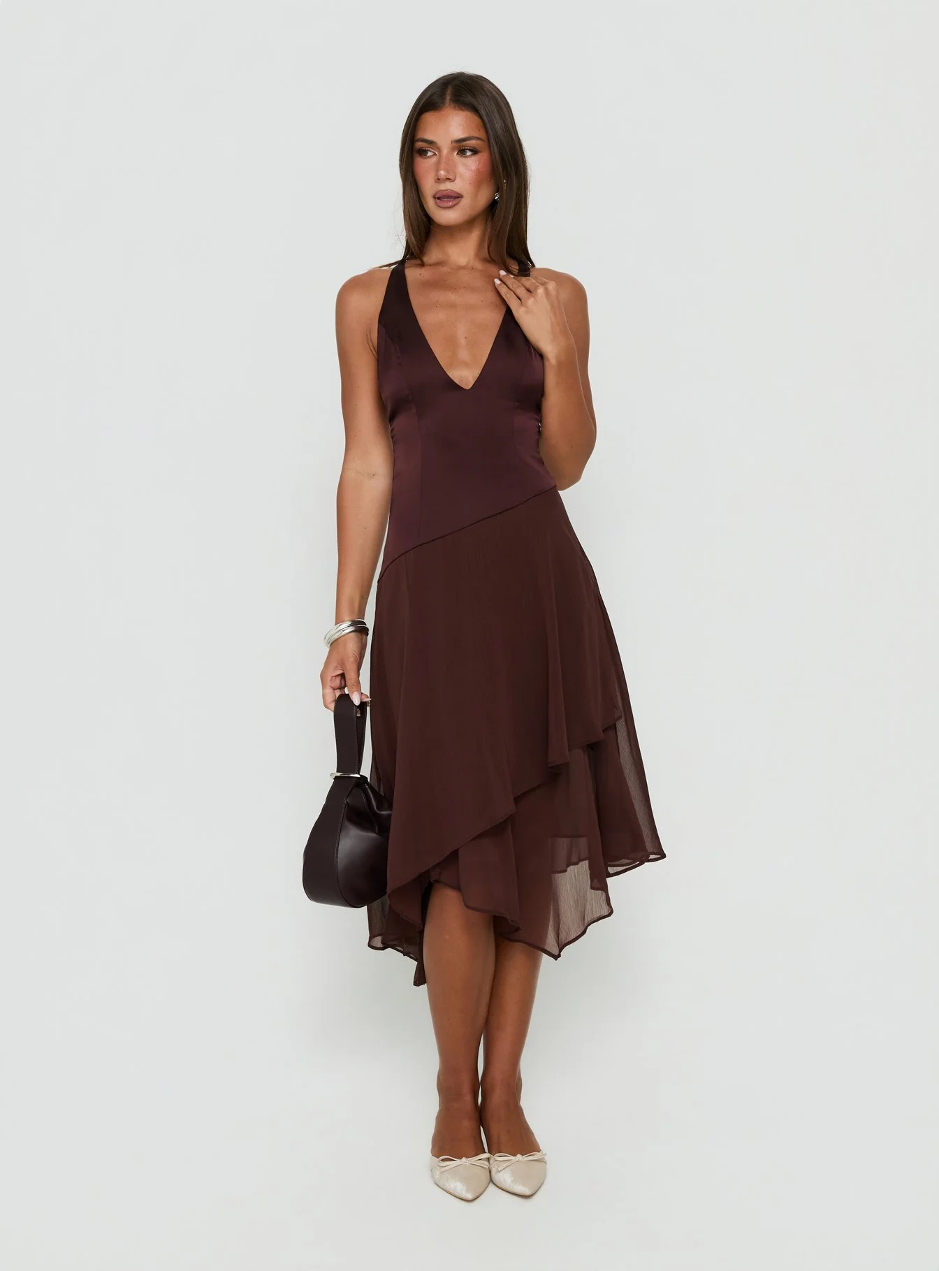 Emeliah Asymmetrical Plunge Midi Dress Brown
