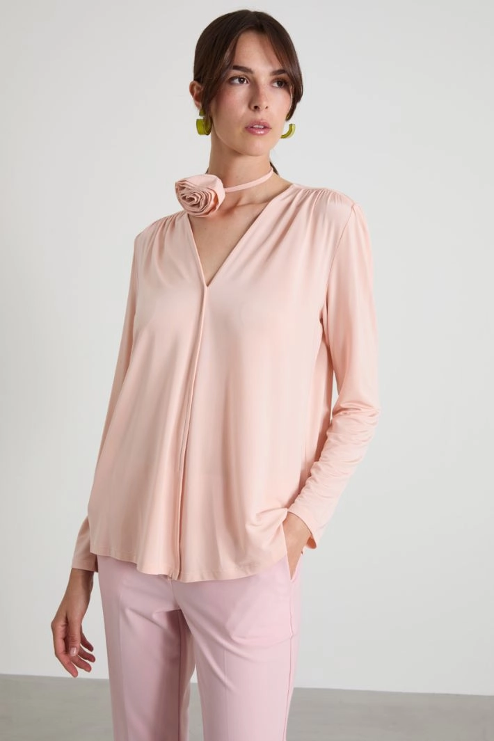 Blouse with ribbon and flower detail - LIGHT PINK