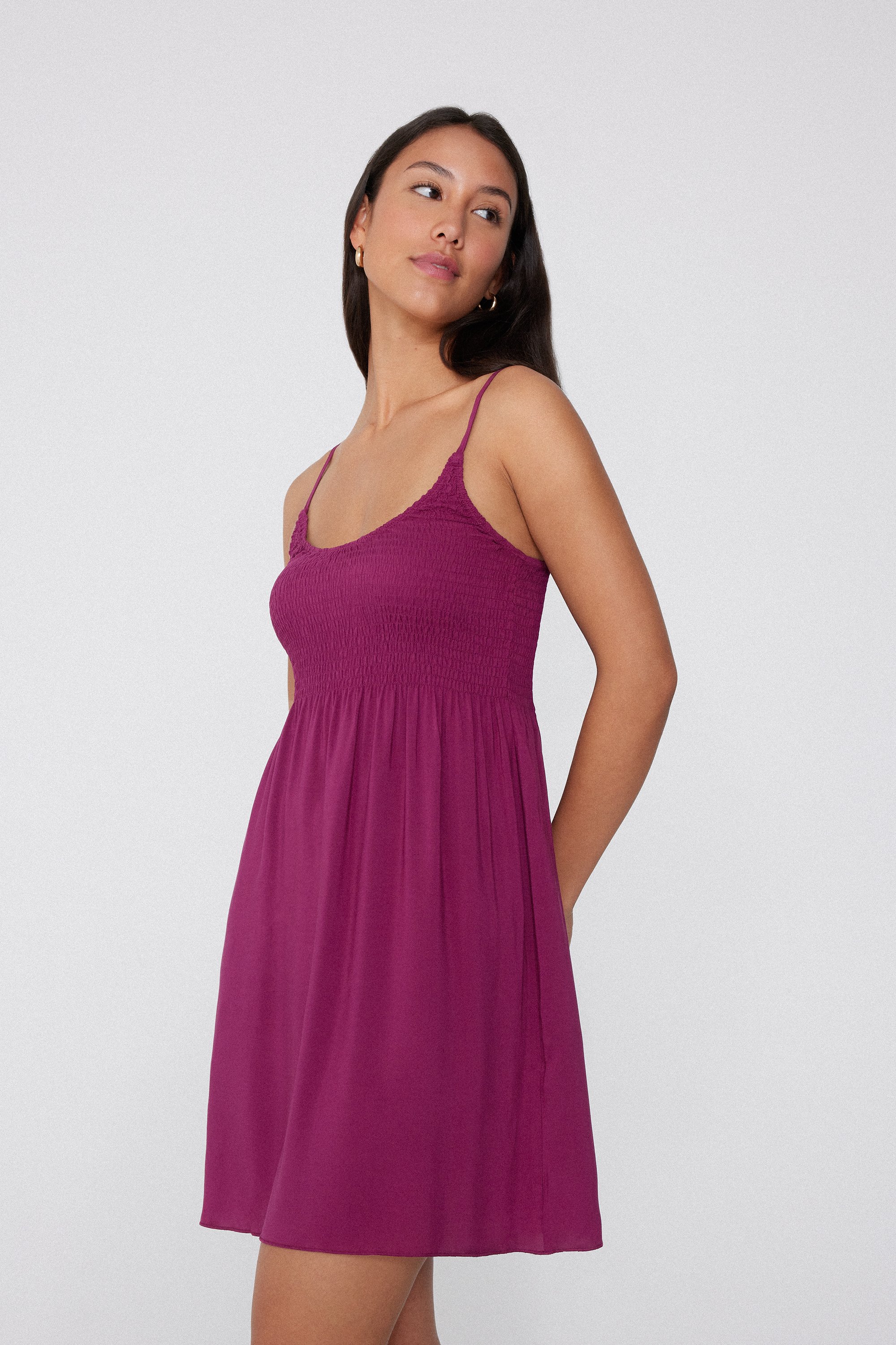 Viscose Smocked Dress with Narrow Shoulder Straps