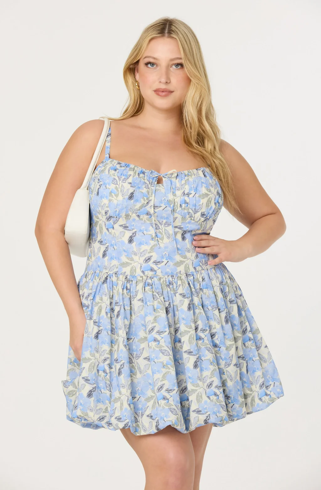 Blue Floral Spaghetti Strap Bubble Hem Mini Dress