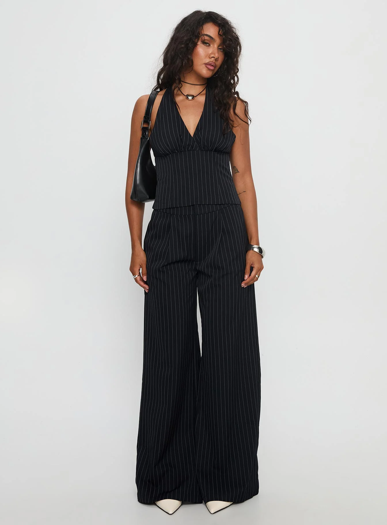 All She Wrote Halter Tailored Set Navy Stripe