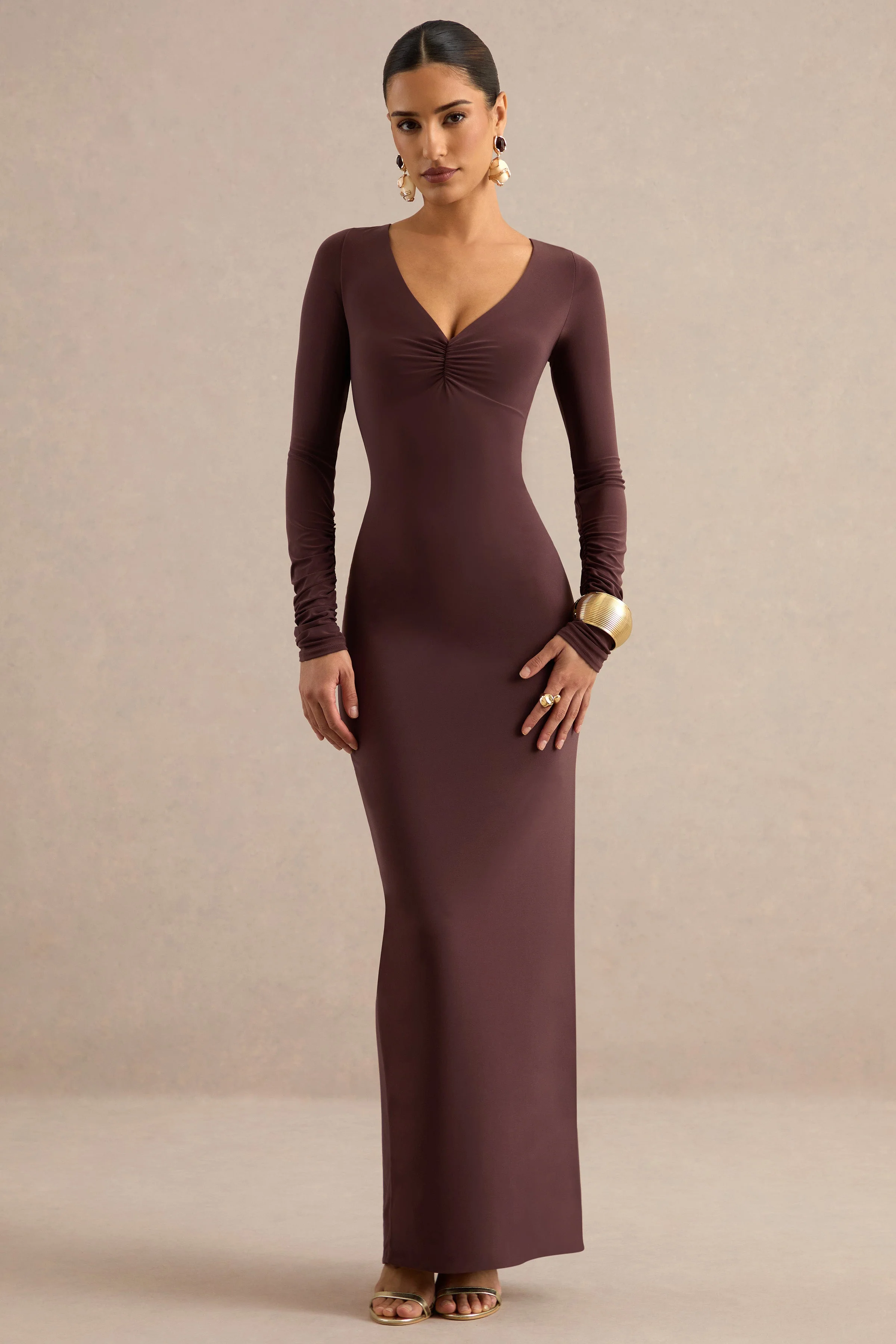 Lucina | Dark Brown Jersey Ruched V Neck Long Sleeve Maxi Dress With Tie Back And Back Split
