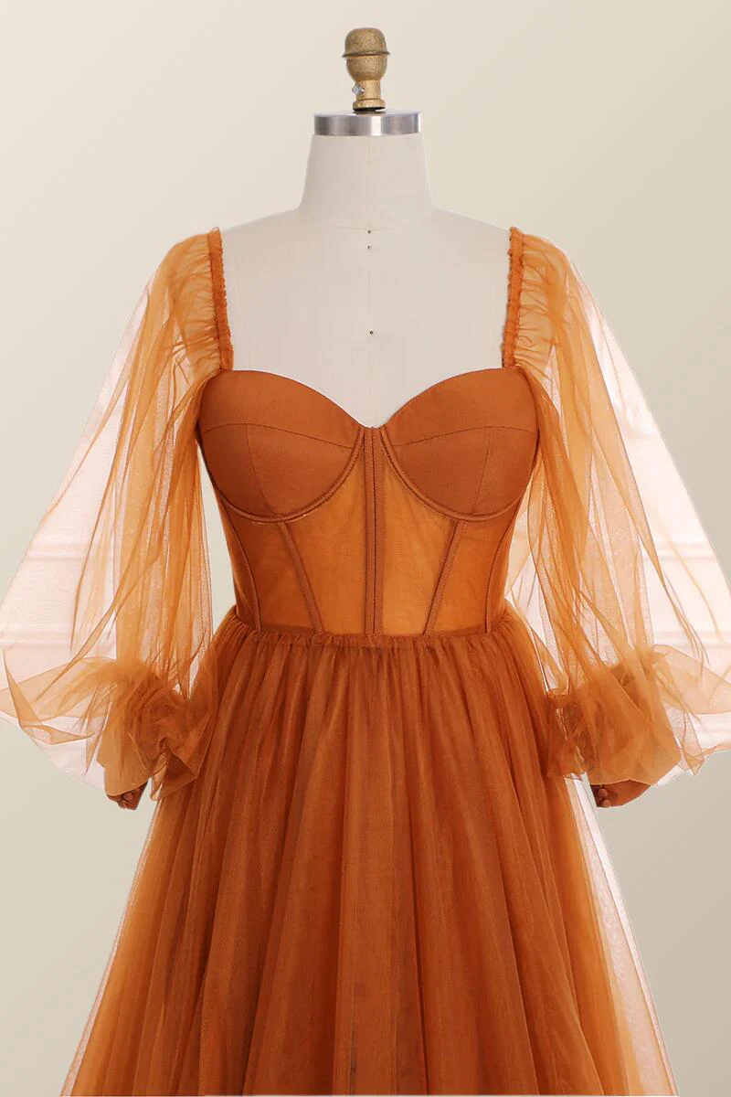 Long Sleeves Orange Tulle Long Formal Dress