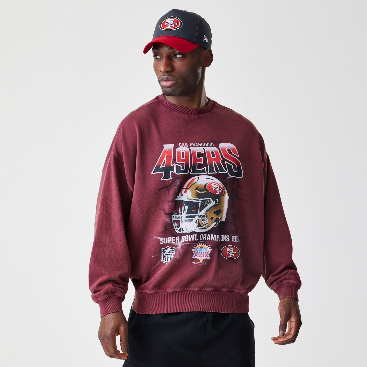 San Francisco 49ers Washed Oversized NFL Crew Neck Sweater Red