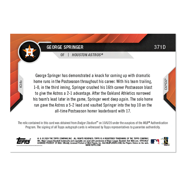 On-Card Auto-Relic # to 1 - George Springer- MLB TOPPS NOW® Card 371D