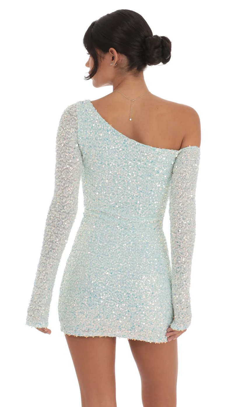 Sequin One Shoulder Bodycon Dress in Mint Blue