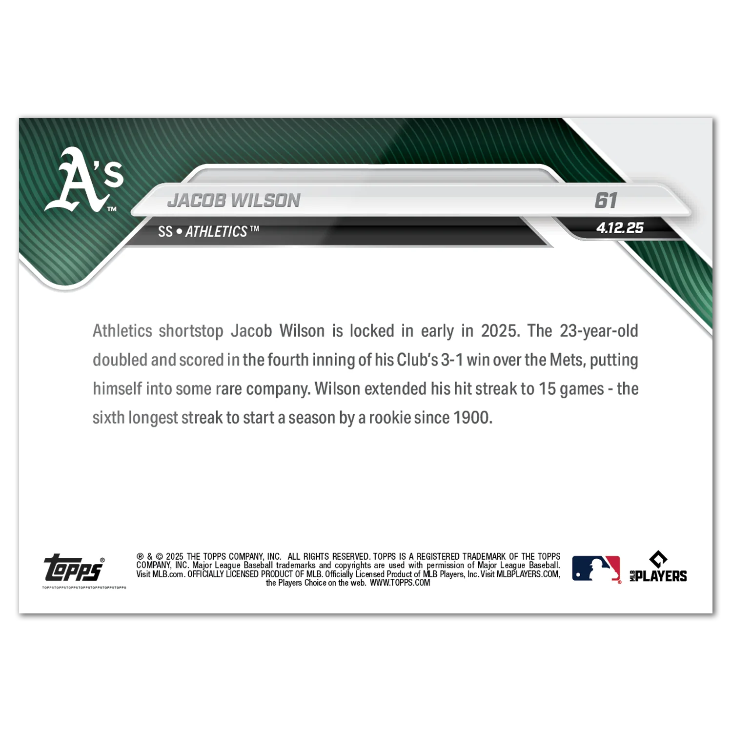 Jacob Wilson - 2025 MLB Topps NOW® - Card 61