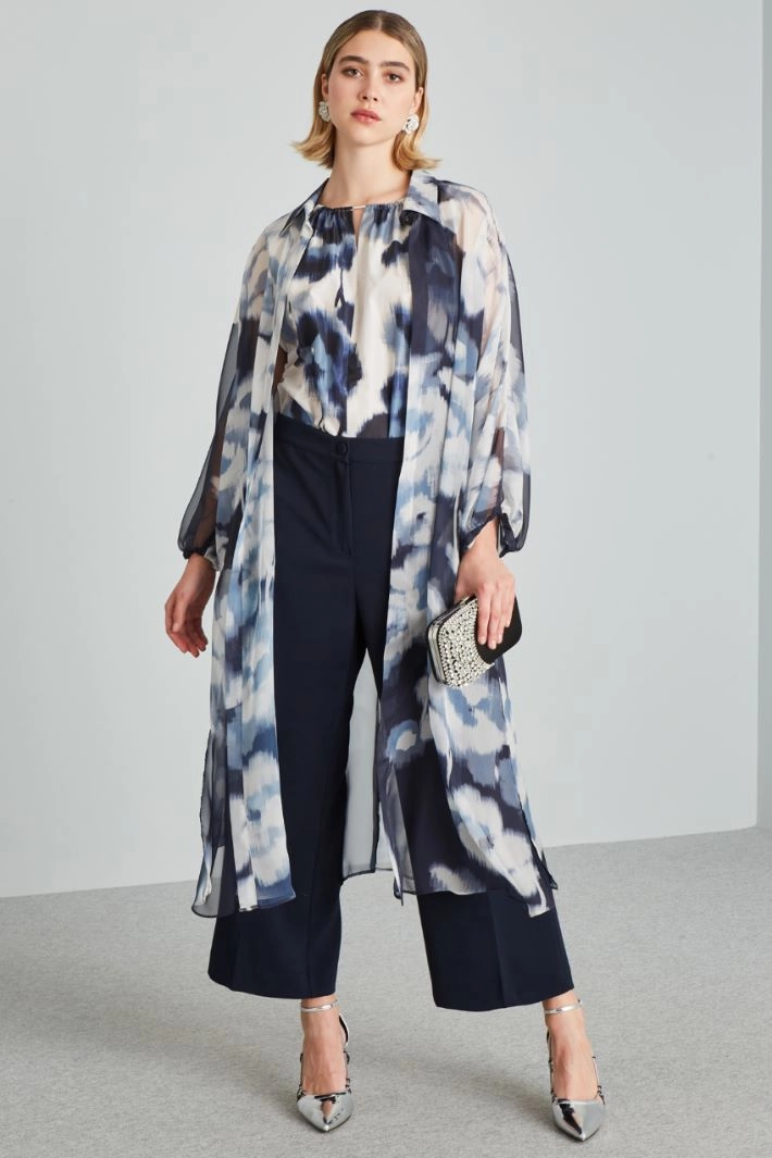 Printed chiffon duster coat - BLUE LIGHT BLUE WHITE