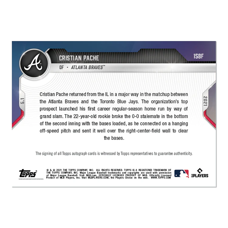On-Card Auto # to 1 - Cristian Pache - 2021 MLB TOPPS NOW® Card 158F