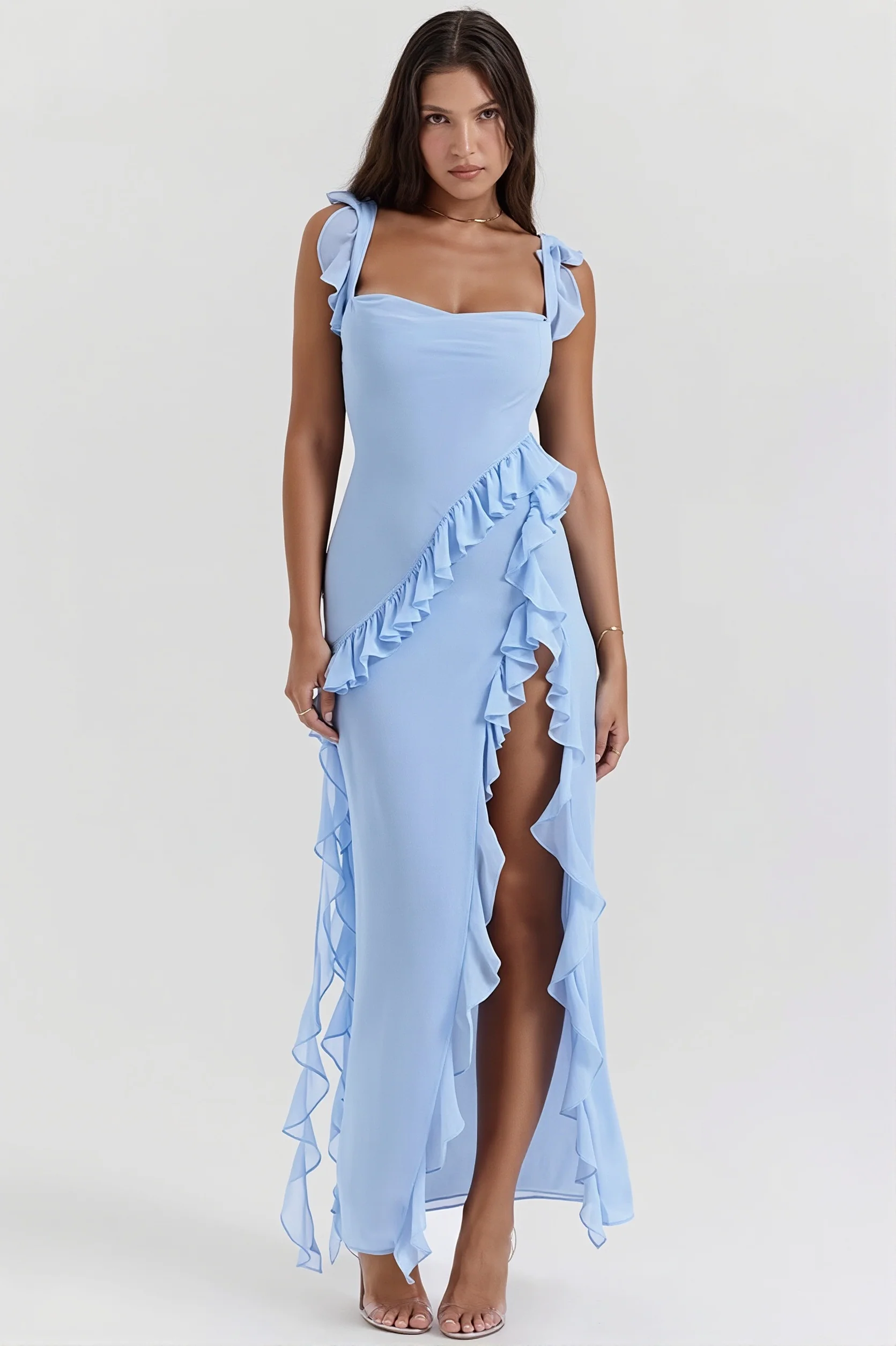 Ribbon Ruffle Splice Slit Maxi Dress