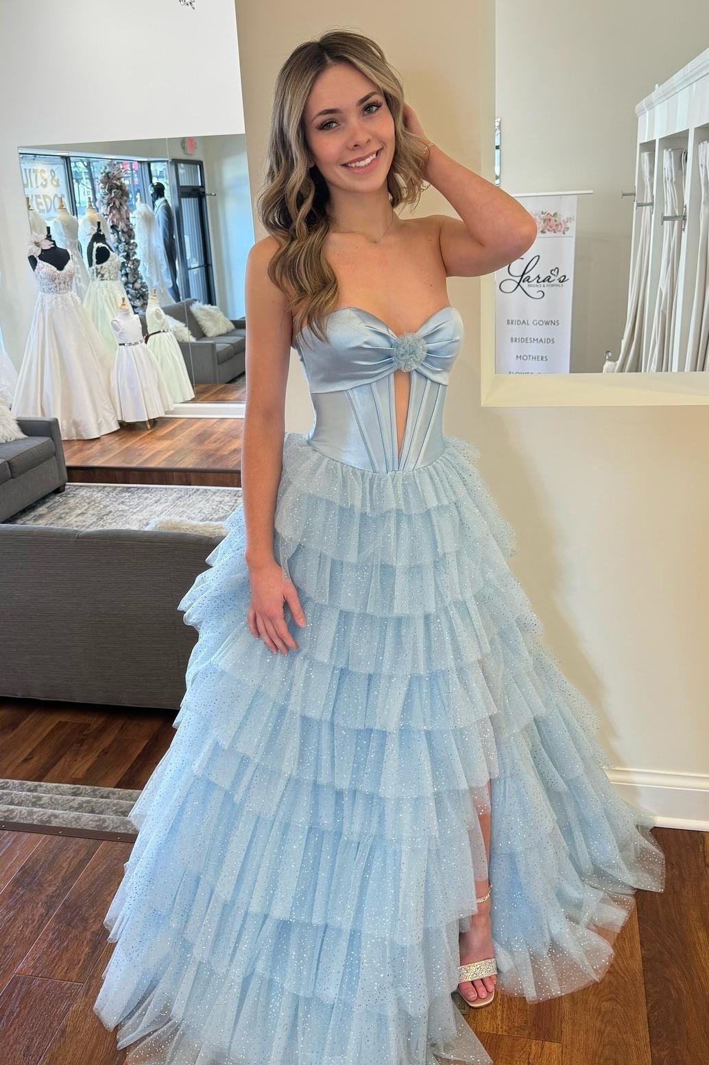 Strapless Fuchsia Tiered Tulle Long Dress with Slit