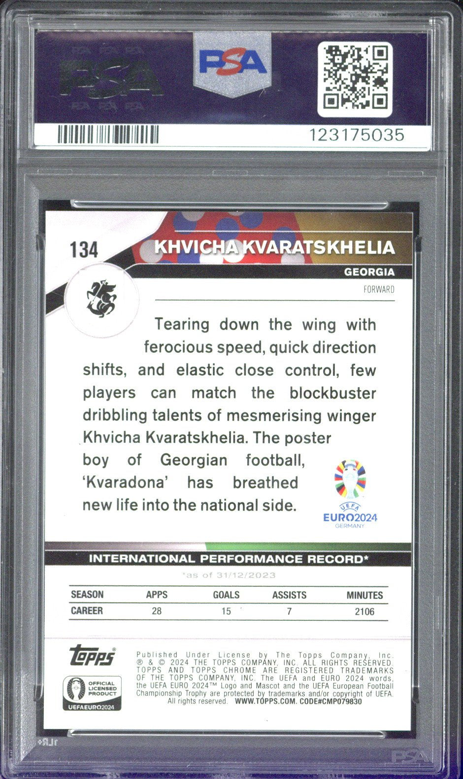 2024 Topps Chrome UEFA EURO Khvicha Kvaratskhelia Black Refractor /10 #134 PSA 8