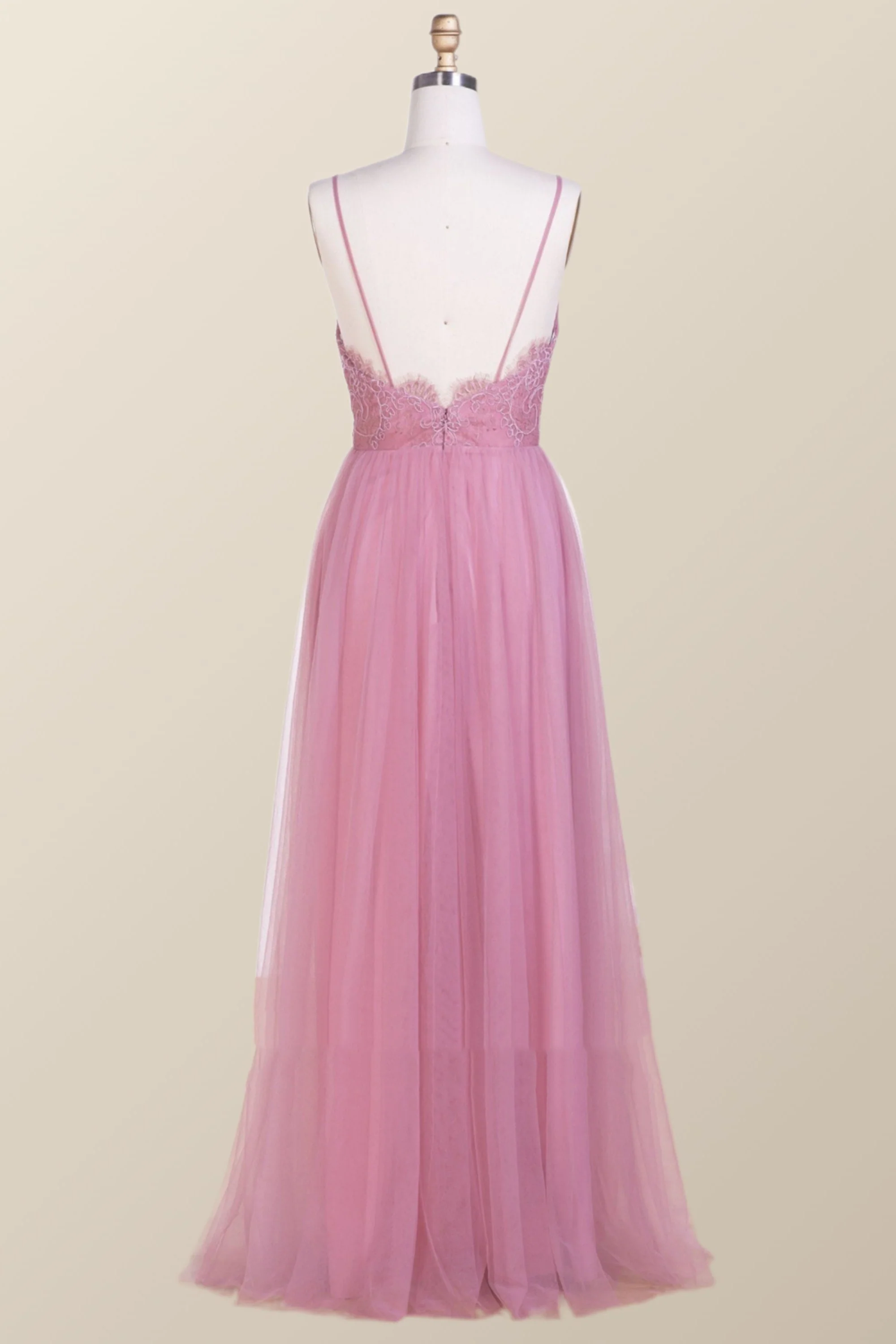 Straps Blush Pink Pleated Tulle Long Bridesmaid Dress