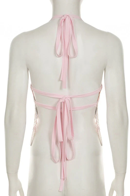 Pink Floral Beaded Sheer Crop Top