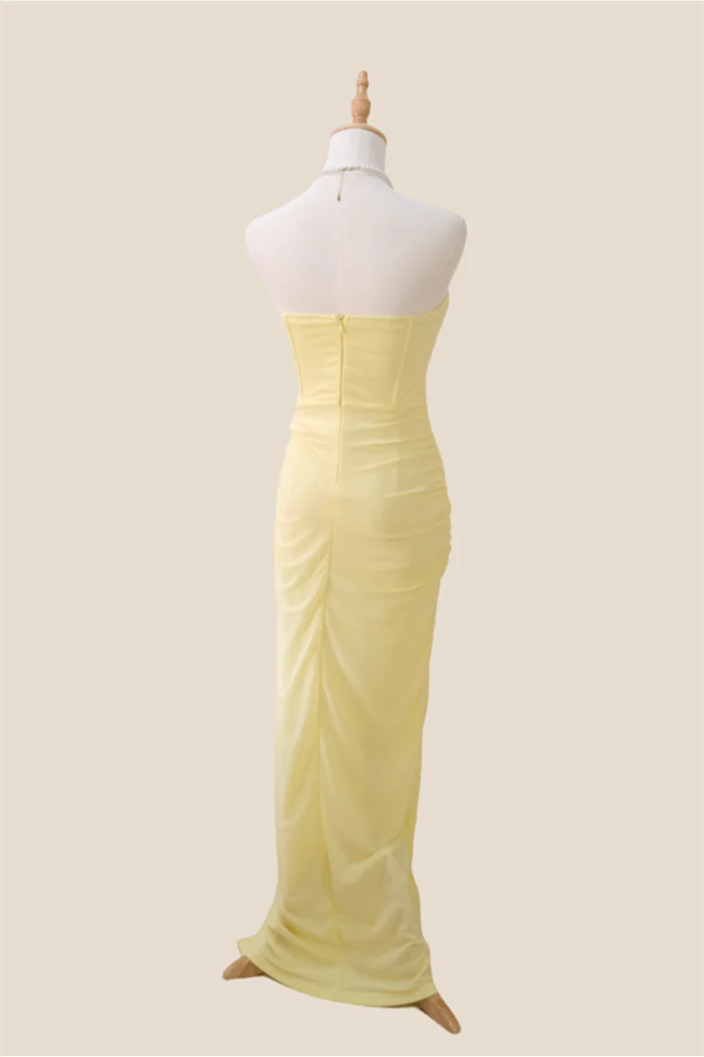 Strapless Light Yellow Ruched Long Dress with Slit