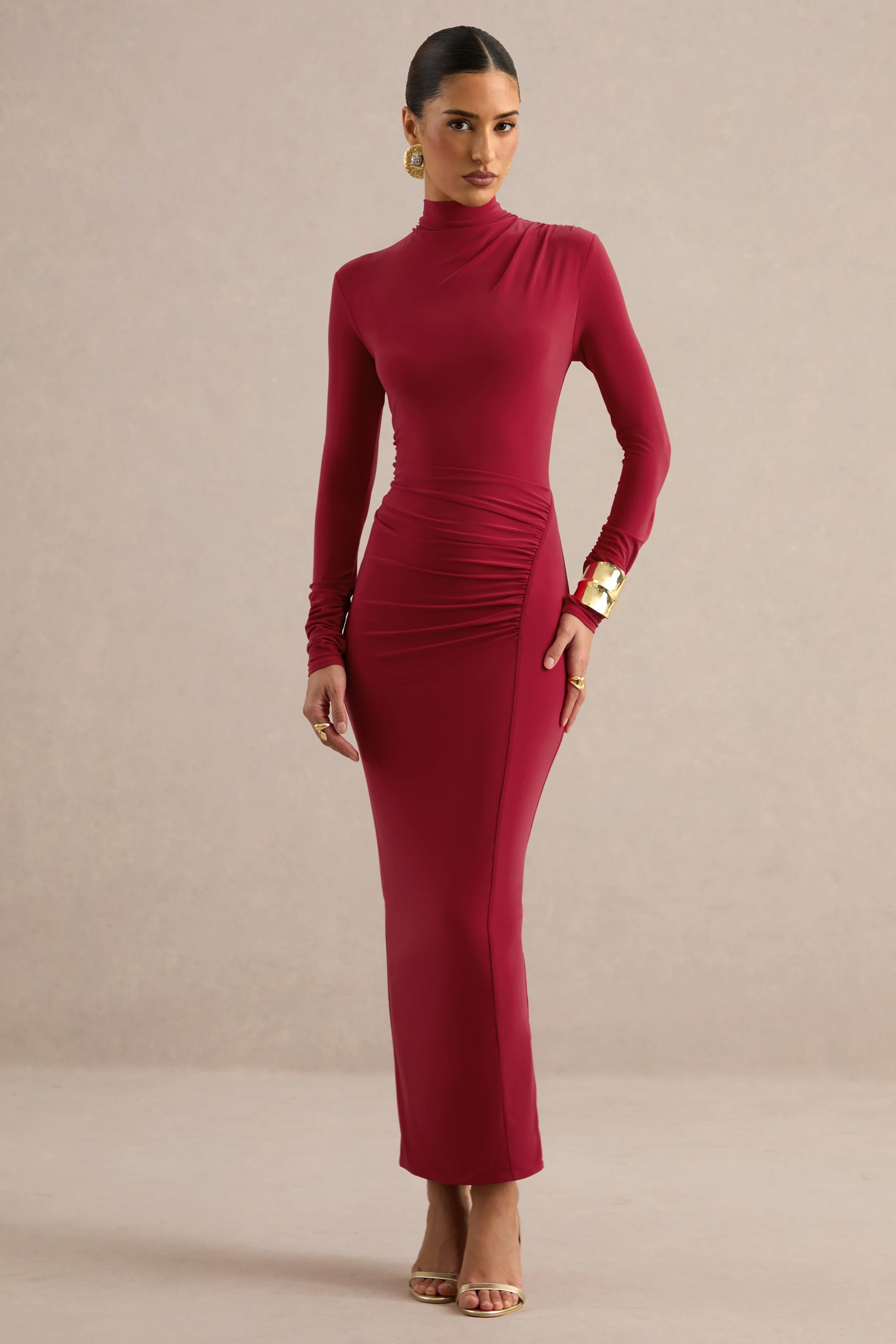 Erienne | Red Jersey High Neck Long Sleeve Maxi Dress With Gathered Detailing And Back Split
