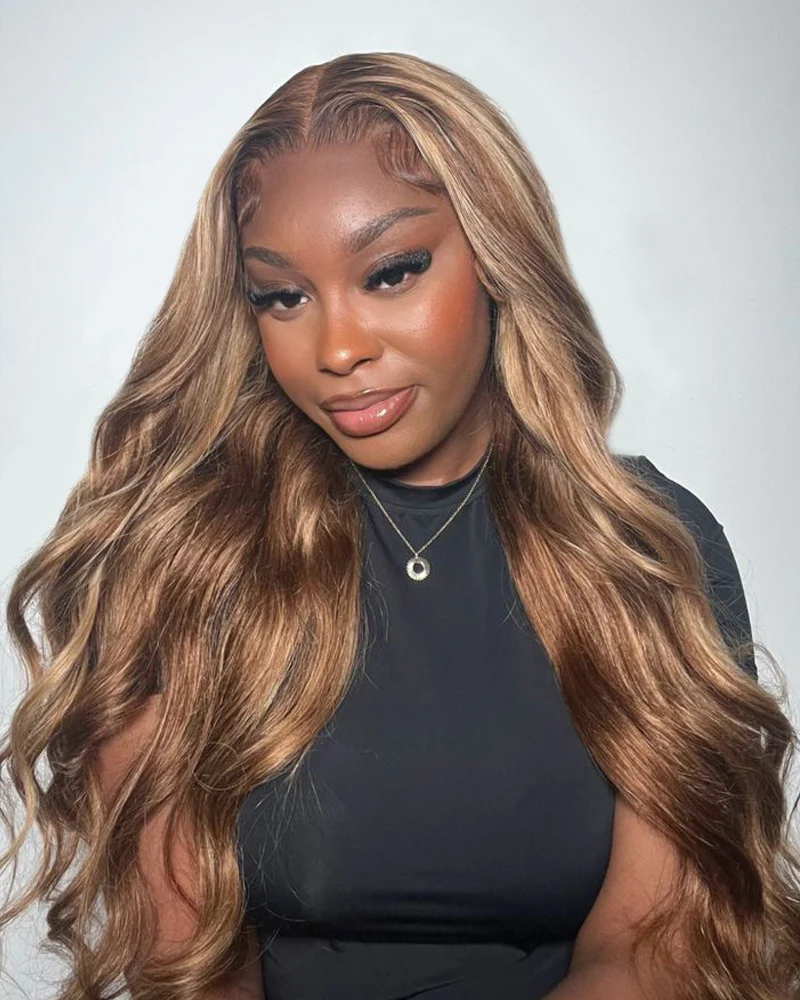 Ophirawig 13x4 Frontal Lace Honey Blonde Highlights On Brown Wig Body Wave Wig Invisible Knots Realistic Hairline