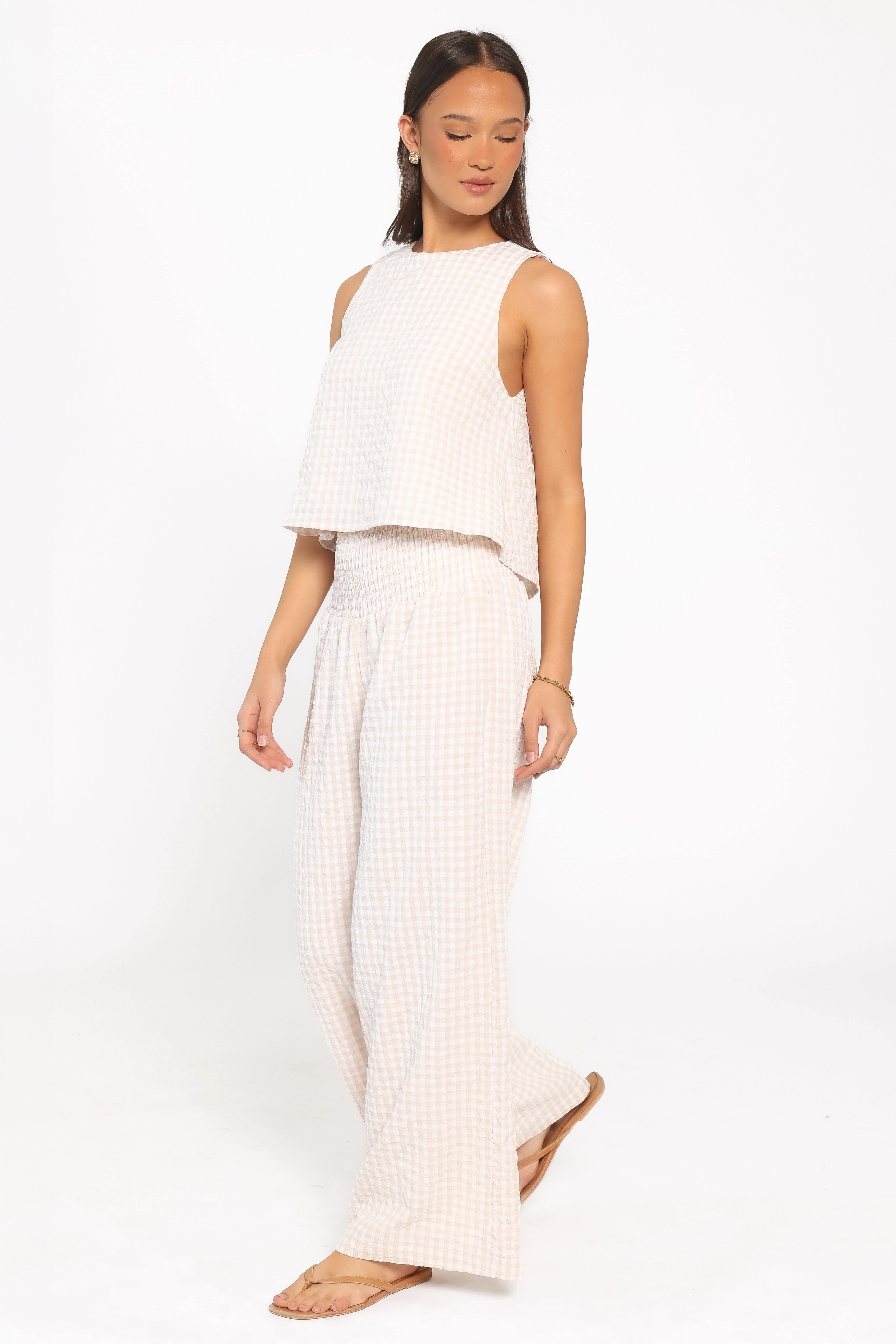 Jillian Smocked Pant Set - Beige Gingham