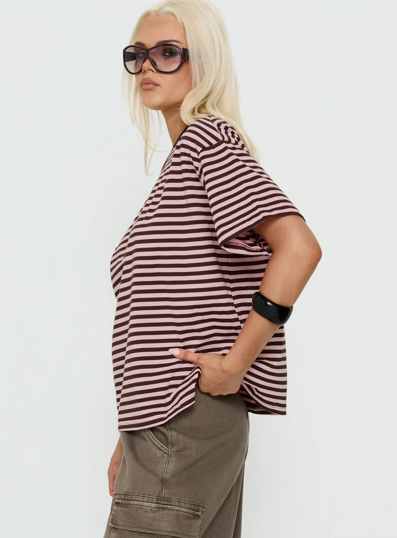 Settle Down One Shoulder Top Pink / Chocolate Stripe