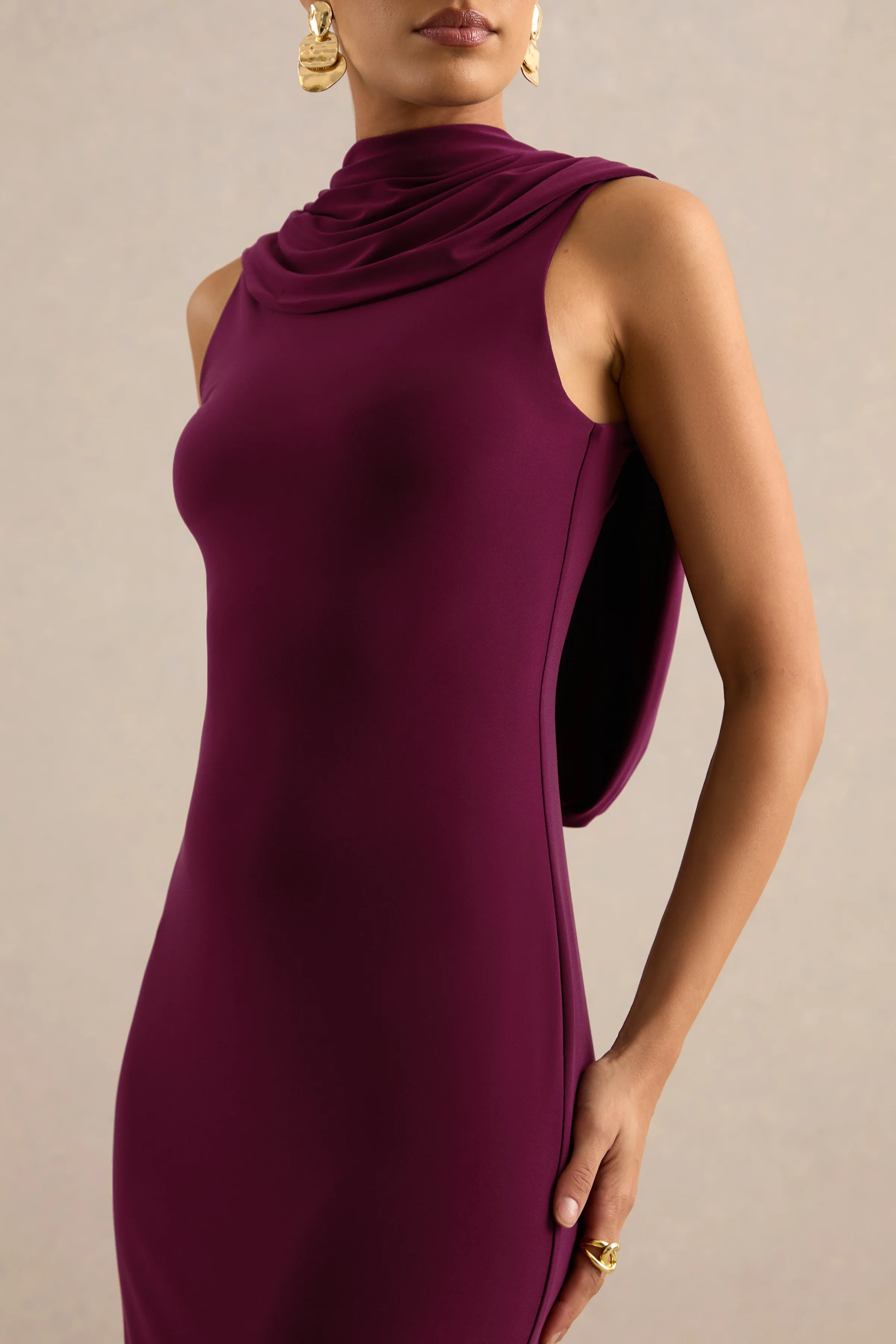 Jolina | Burgundy Jersey High Neck Maxi Dress With Draped Detailing
