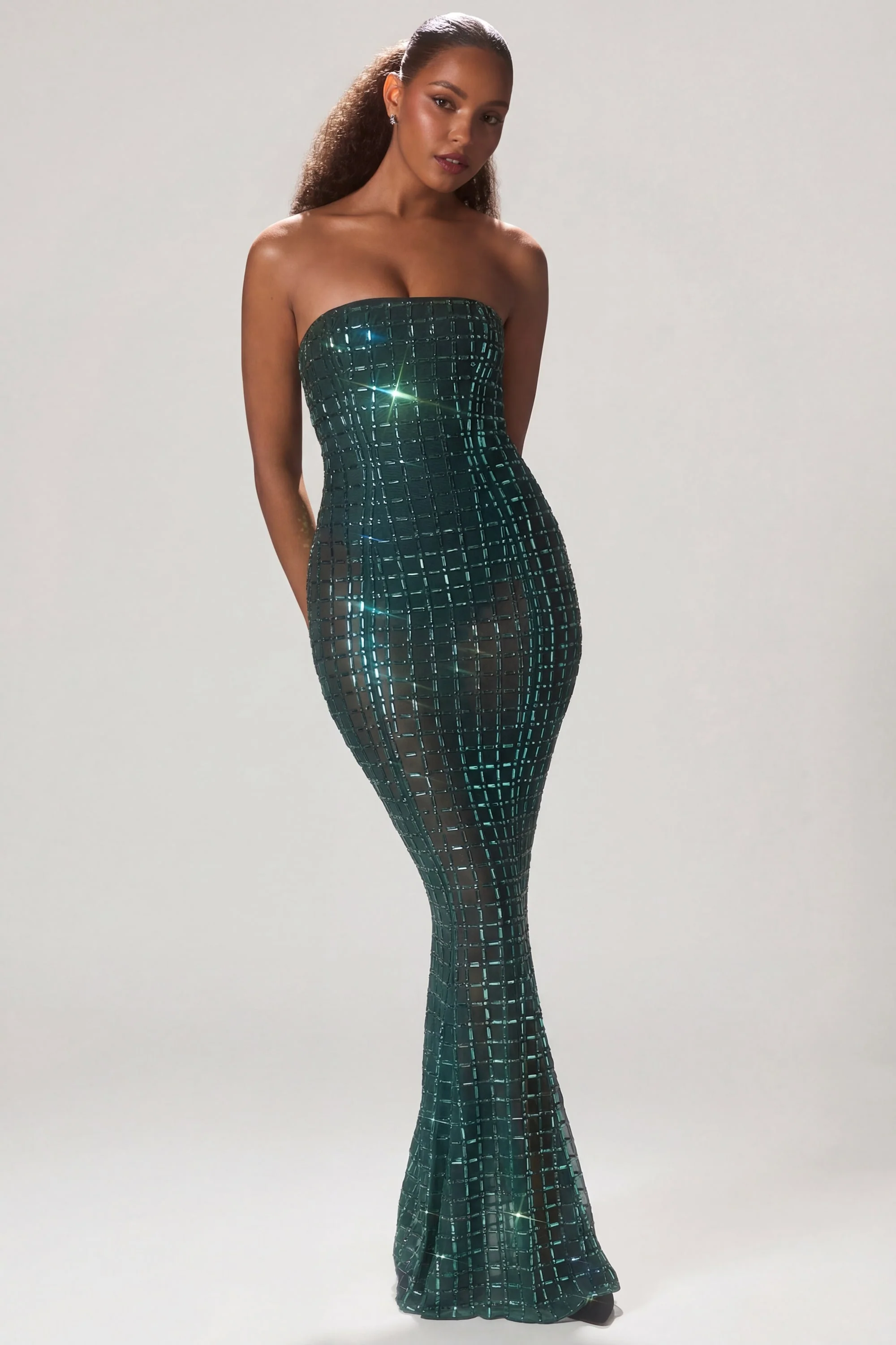Embellished Strapless Gown in Emerald Green