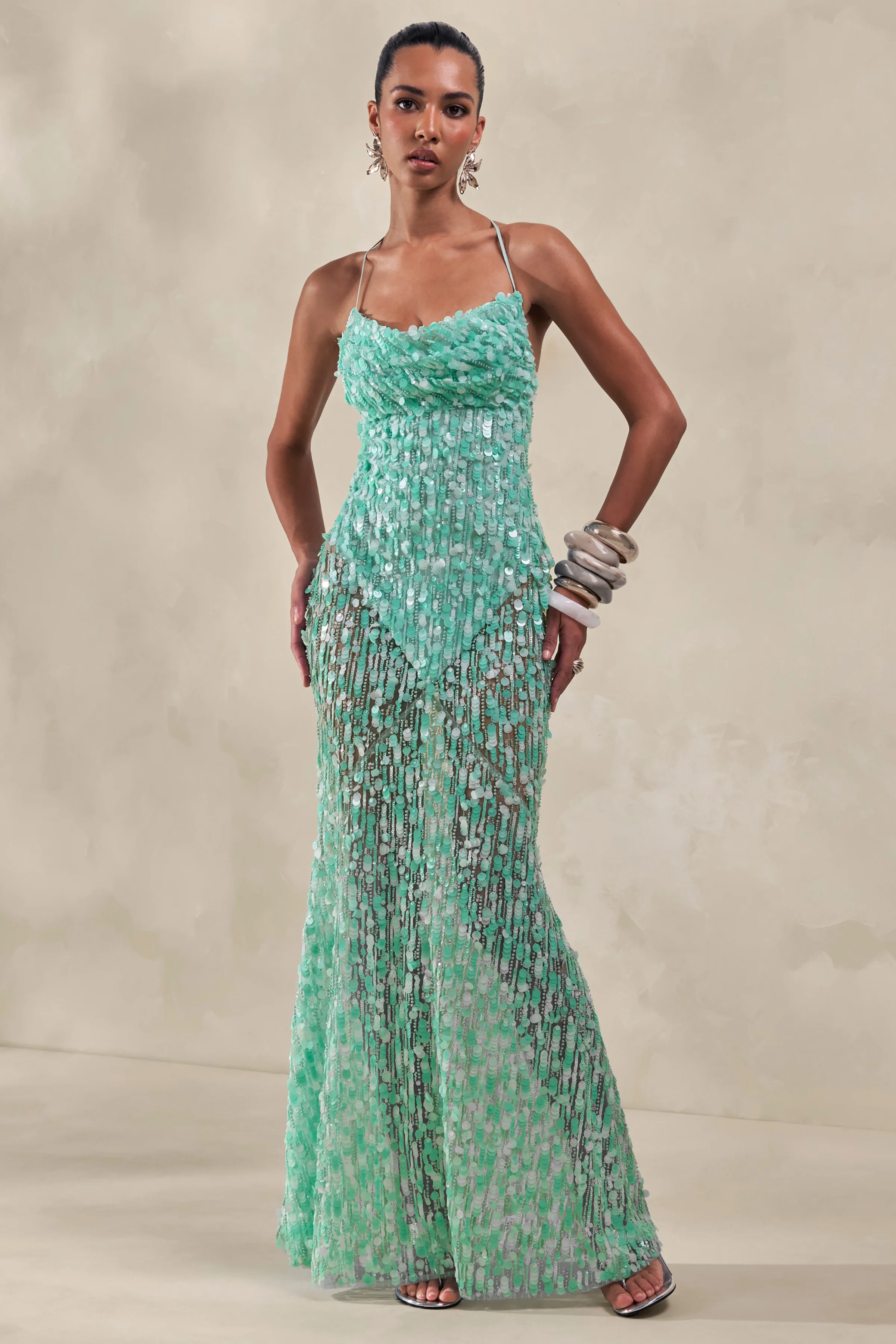 Taryn | Turquoise Sequin Cowl Neck Mermaid Maxi Dress With Low Back