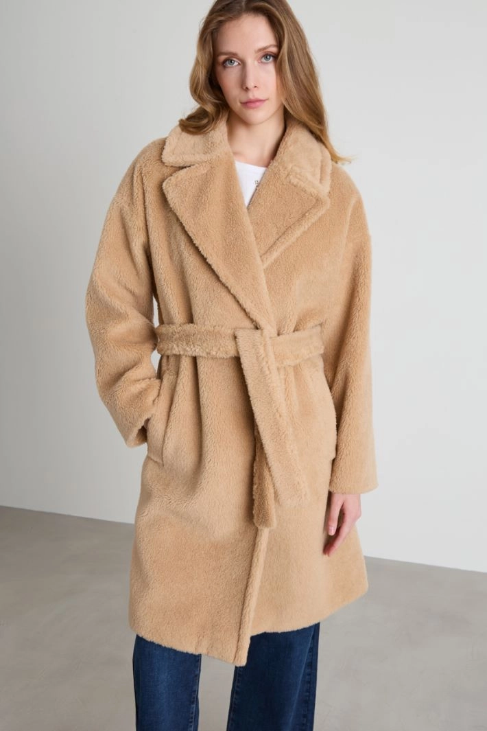 Plush double-breasted coat - SAND