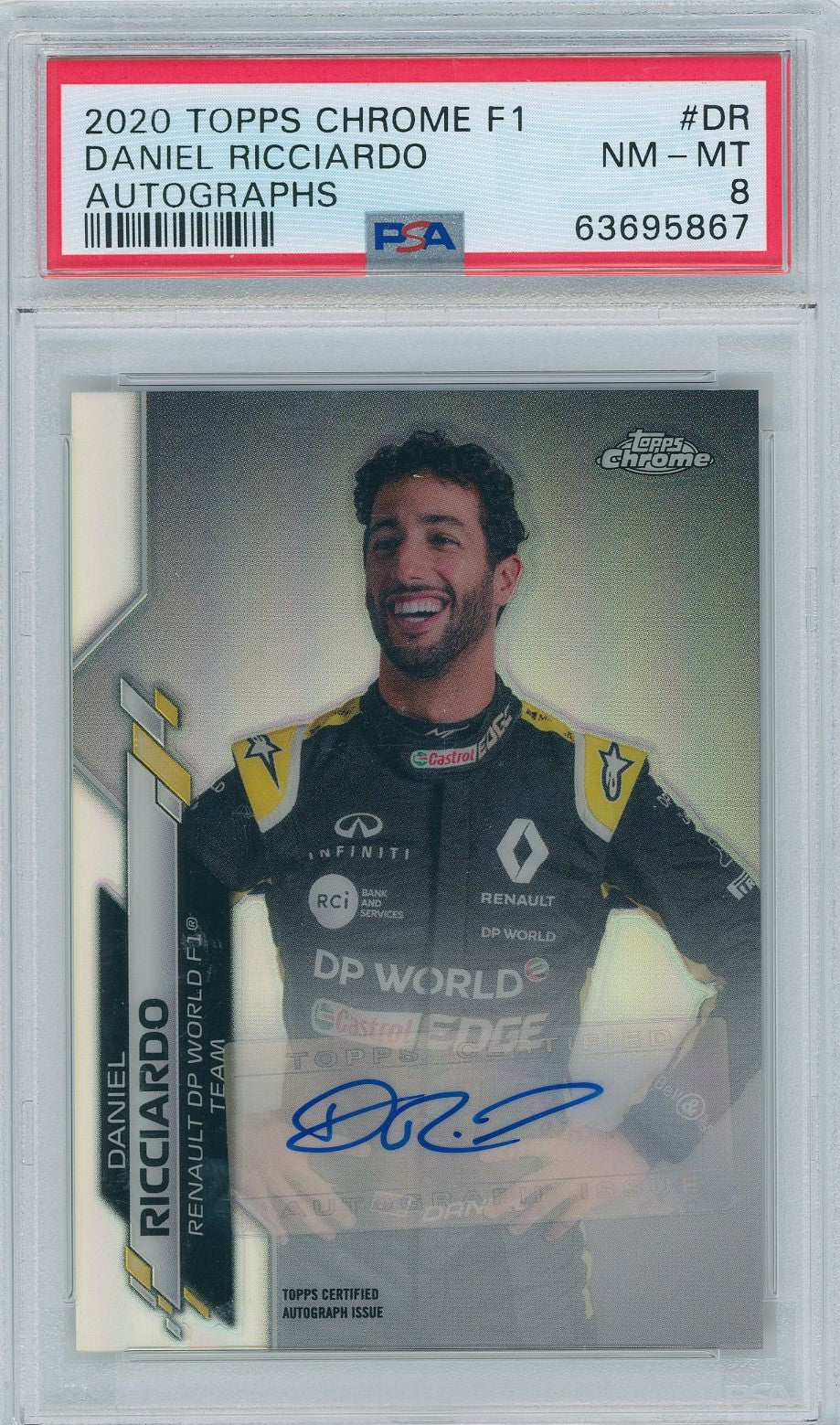 2020 Topps Formula 1 Chrome # FIA-DR Daniel Ricciardo 56/61 Auto PSA 8