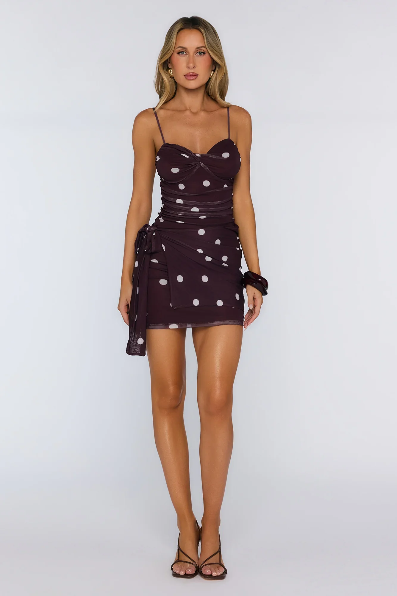 Pretty Comes First Mesh Polka Dot Mini Dress Chocolate