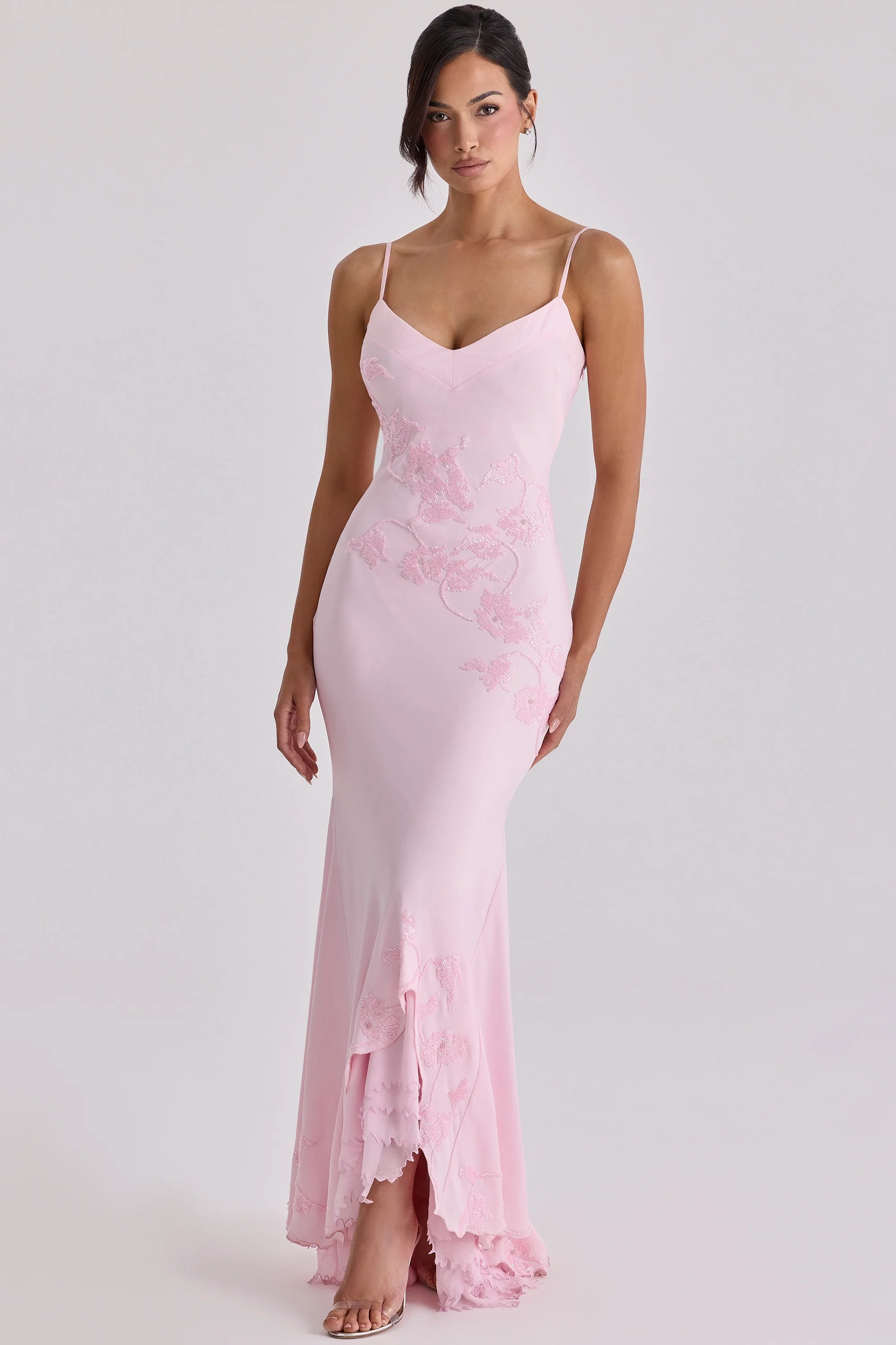 pink hand beaded embellished satin maxi dress