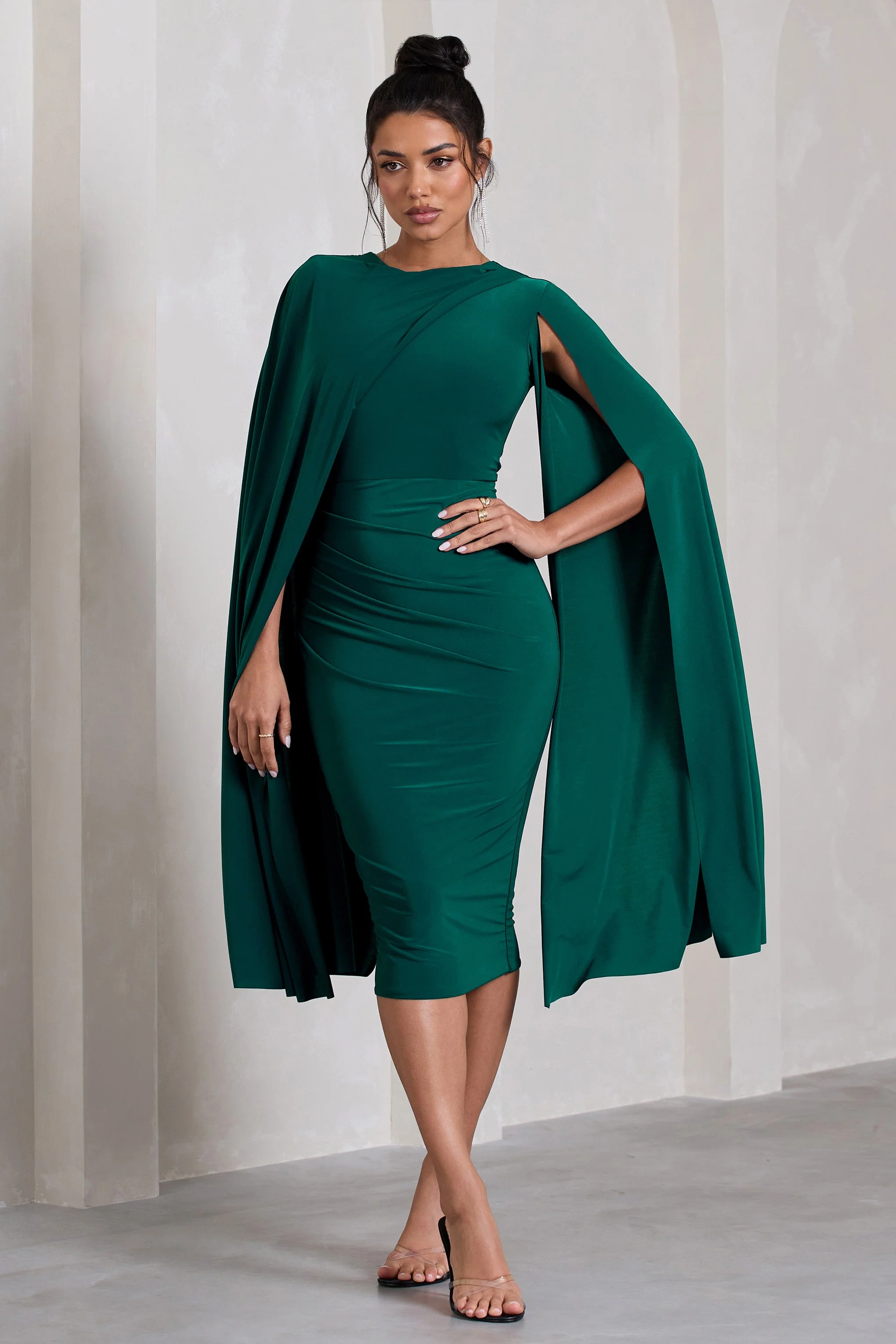 Marysol | Bottle Green Asymmetric Cape Midi Dress