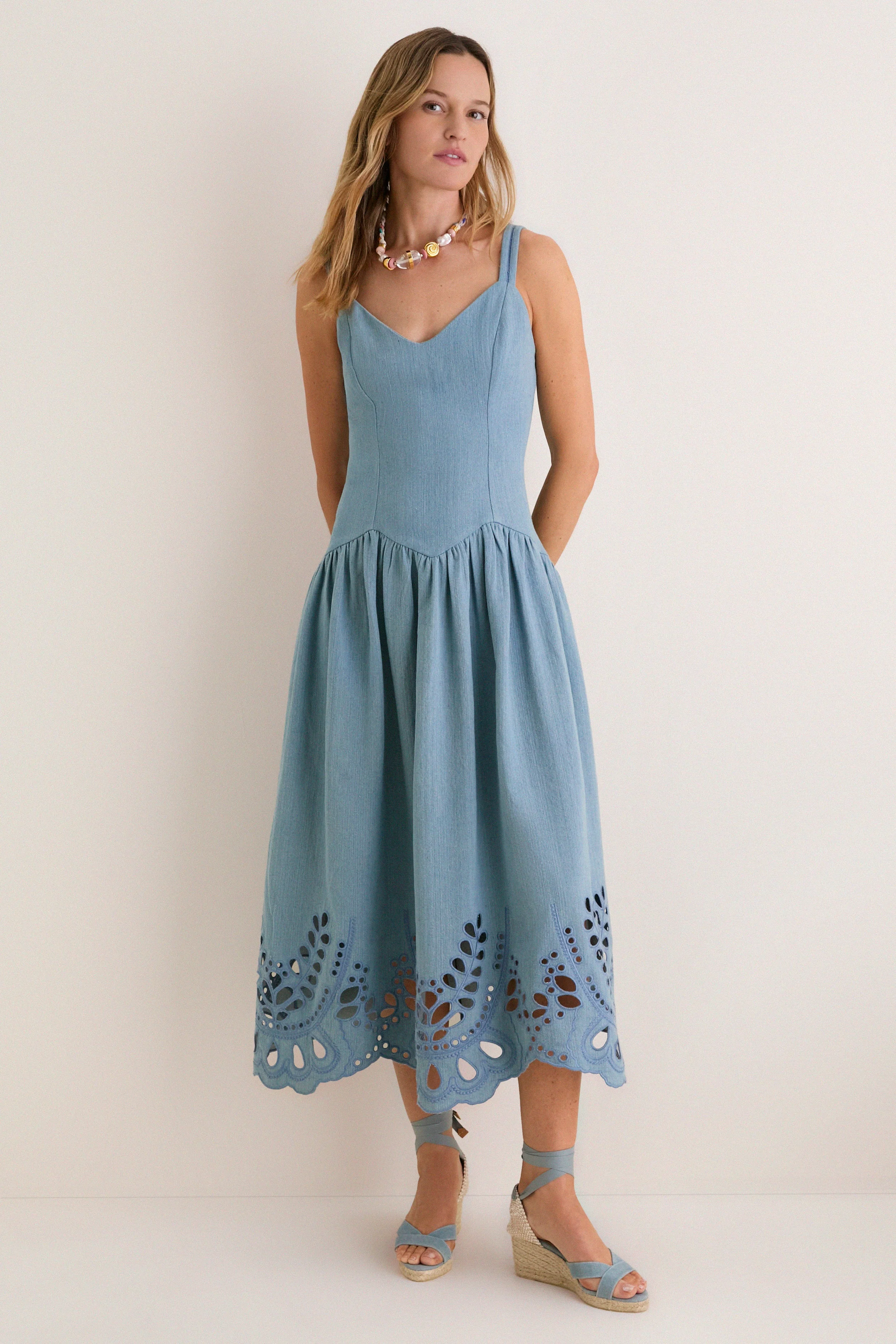 Light Blue V-Neck Eyelet Detail Midi Dress