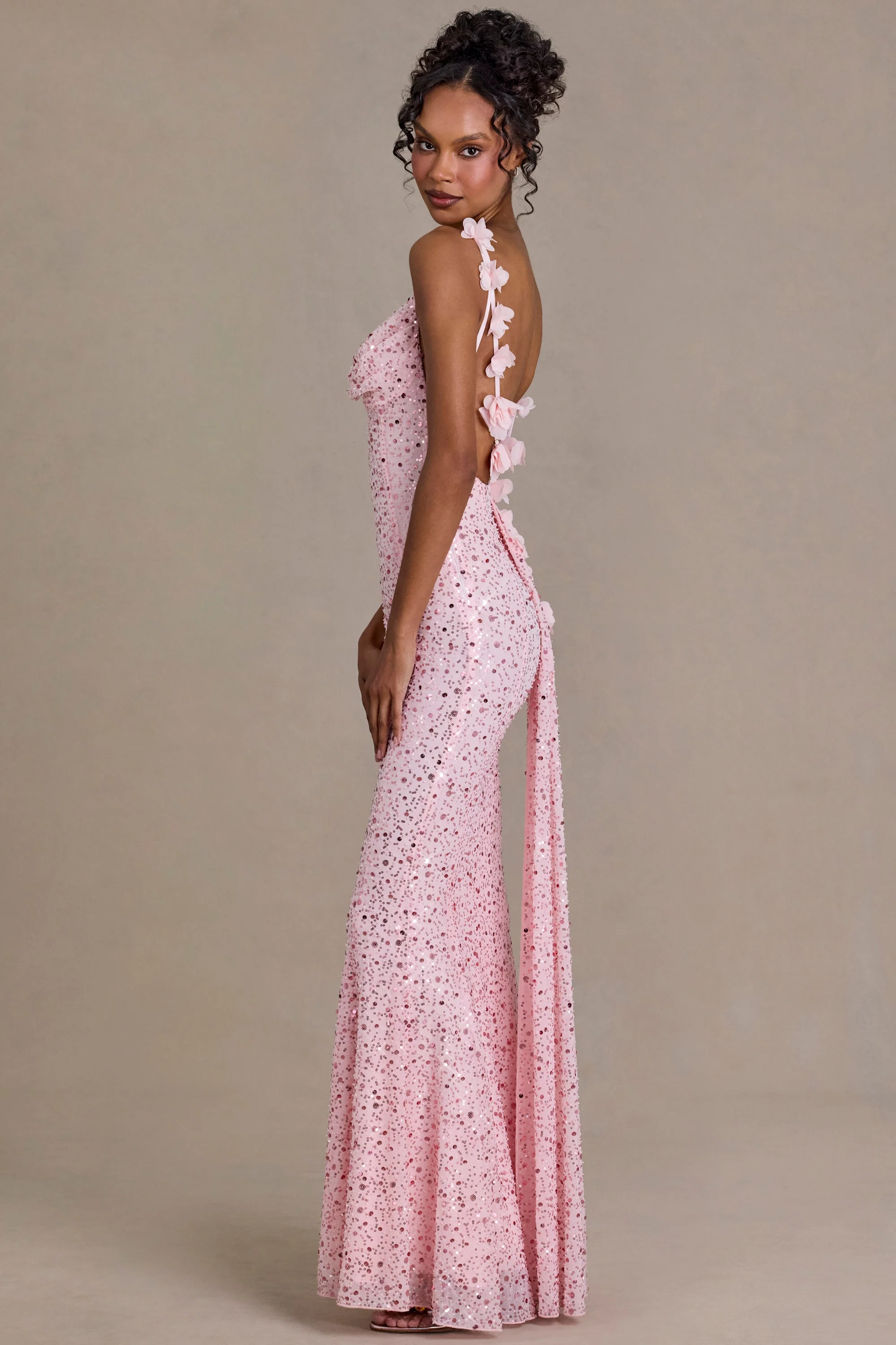 Embellished Open-Back Maxi Dress in Baby Pink