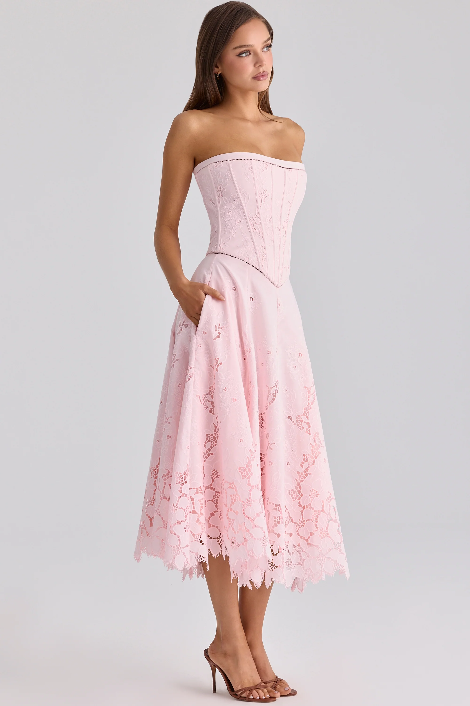 Belissa Pink Strapless Custom Lace + Broderie Anglaise Midi Dress