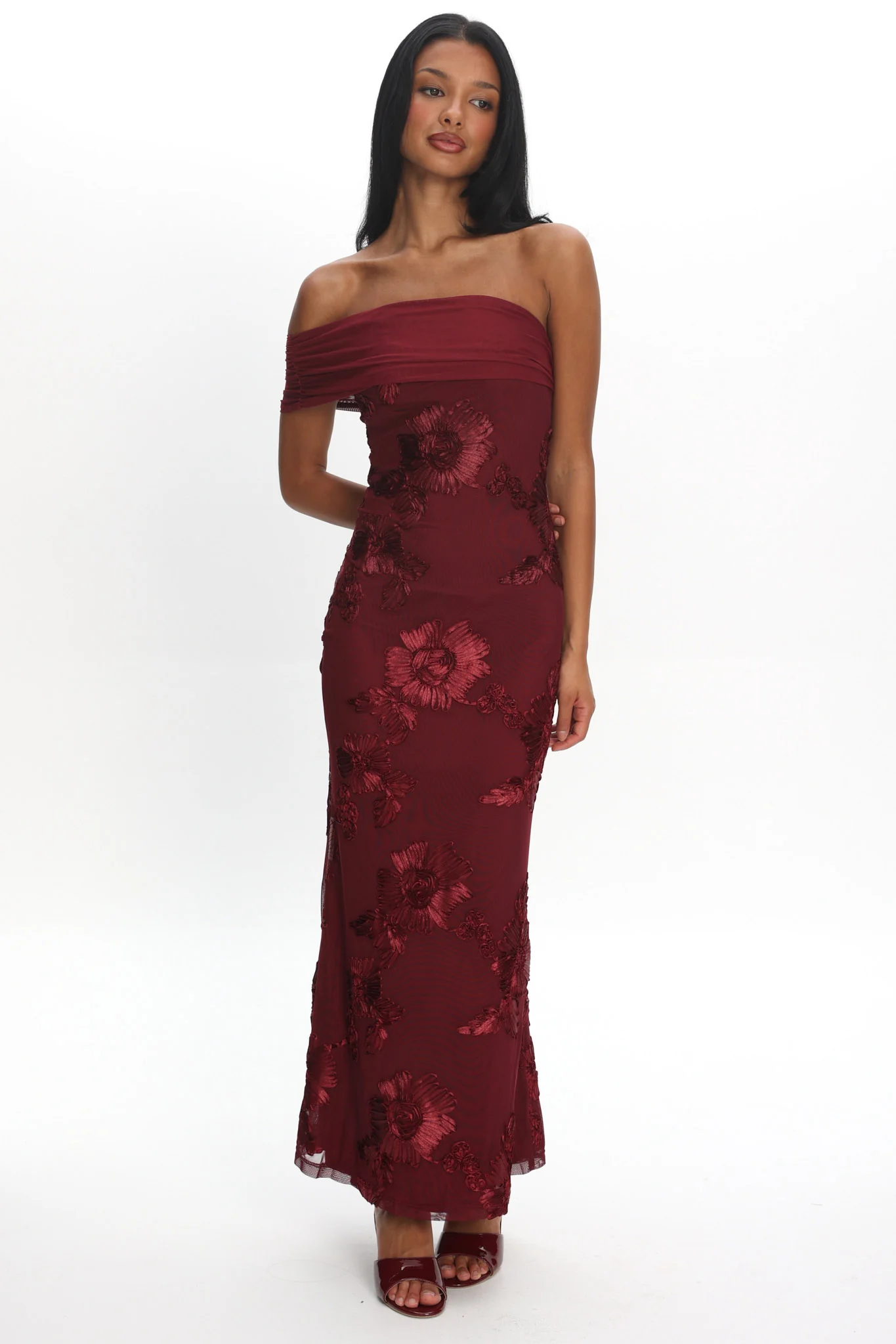 Gala One-Shoulder Maxi Dress Embellished Wine