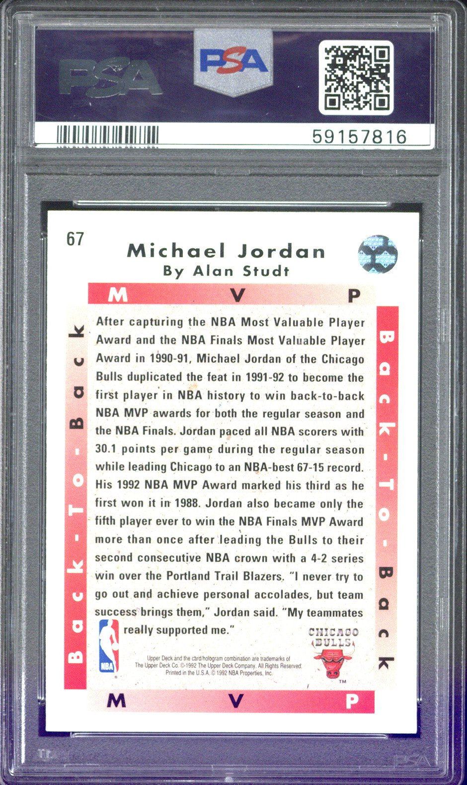 1992 Upper Deck Michael Jordan MVP #67 PSA 9