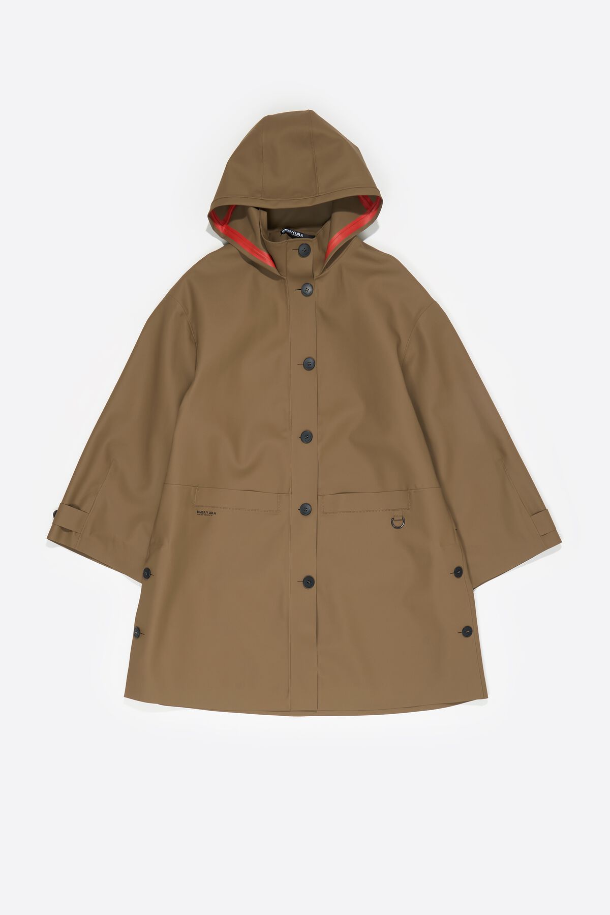 Dark camel rubberized A-line trench