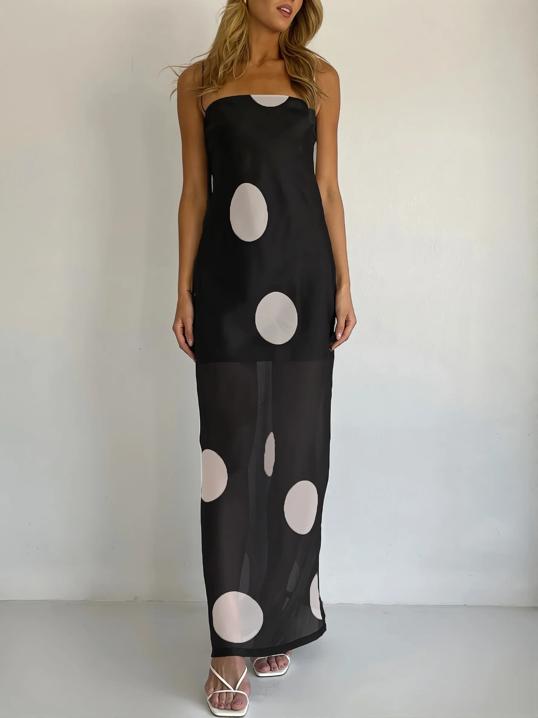 Elegant Polka Dot Strapless Sheer Slim Maxi Dress