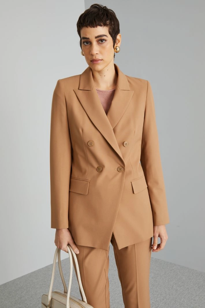 Double-breasted canvas blazer - BISCUIT