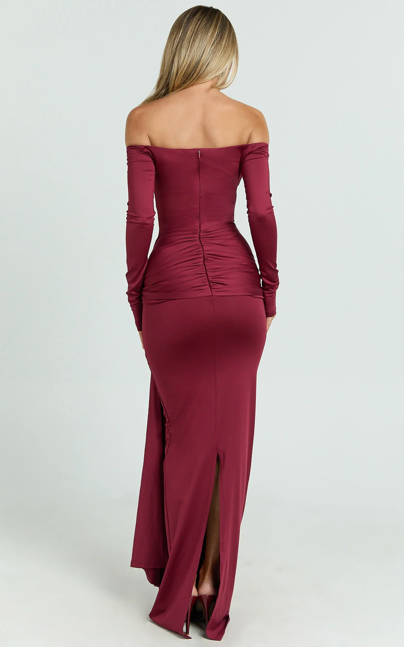 Judith Maxi Dress - Boat Neck Backless Tie Front Long Sleeve Jersey Dress in Wine