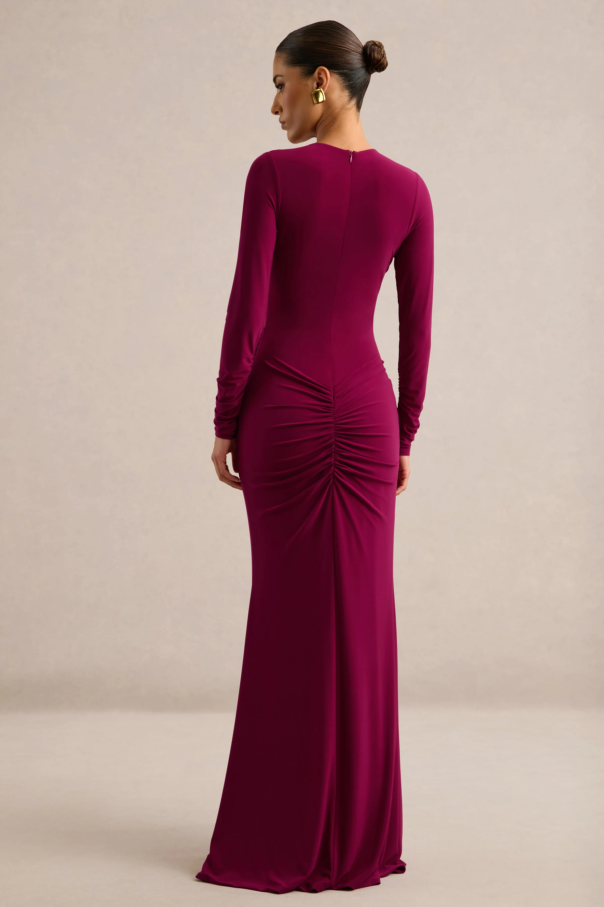 Tahlina | Burgundy Jersey Ruched Plunge Long Sleeve Maxi Dress With Draped Detailing