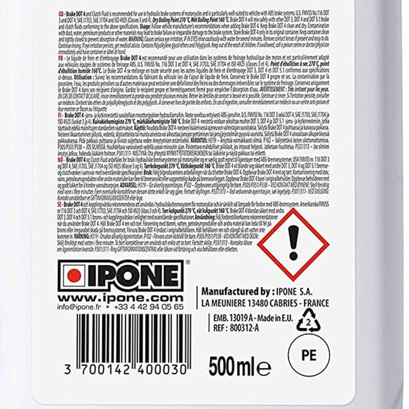 Liquide de frein Ipone BRAKE DOT 4 - 500 ML UniverselRef : IP0065 / 800312
