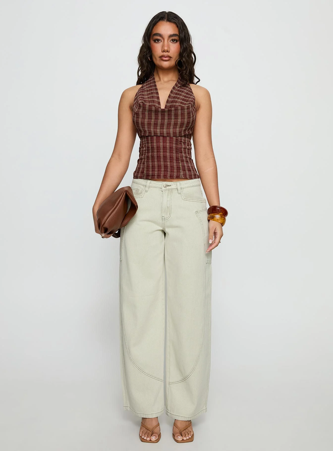 Kendia Plunge Halter Top Red Check