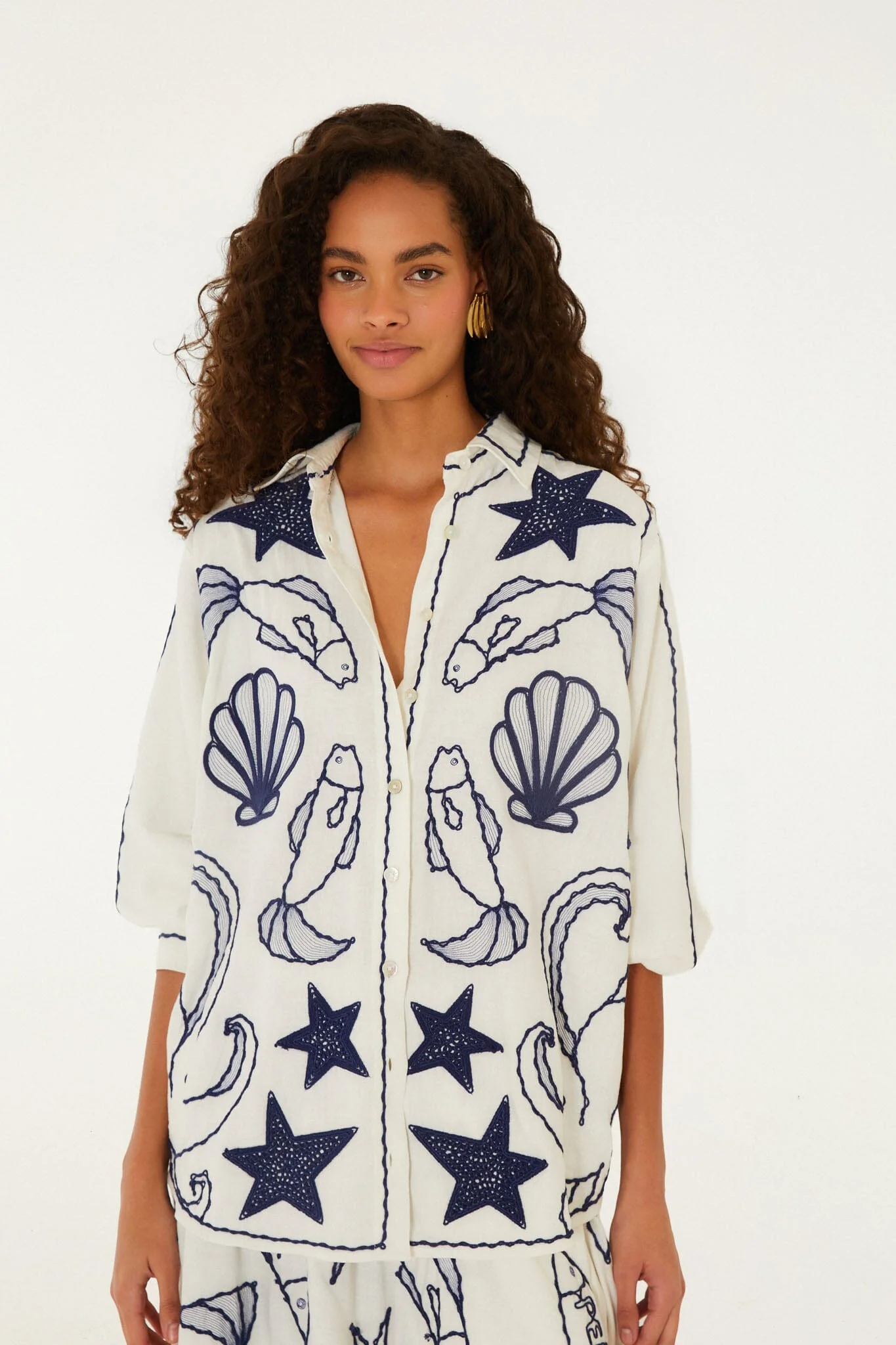 Off-White Fresh Fish Embroidered Puff Sleeve Shirt
