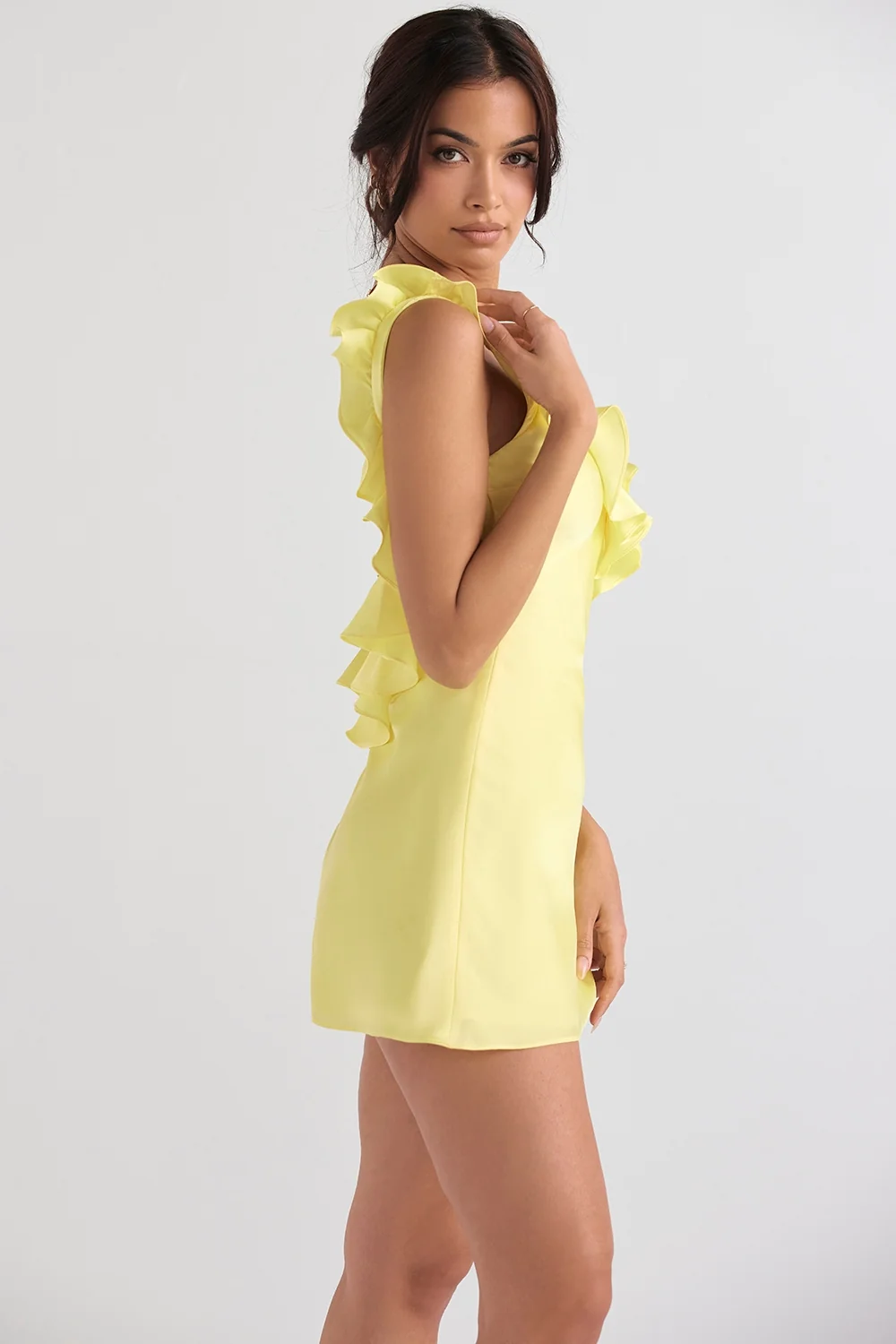 buttercup satin ruffle mini dress